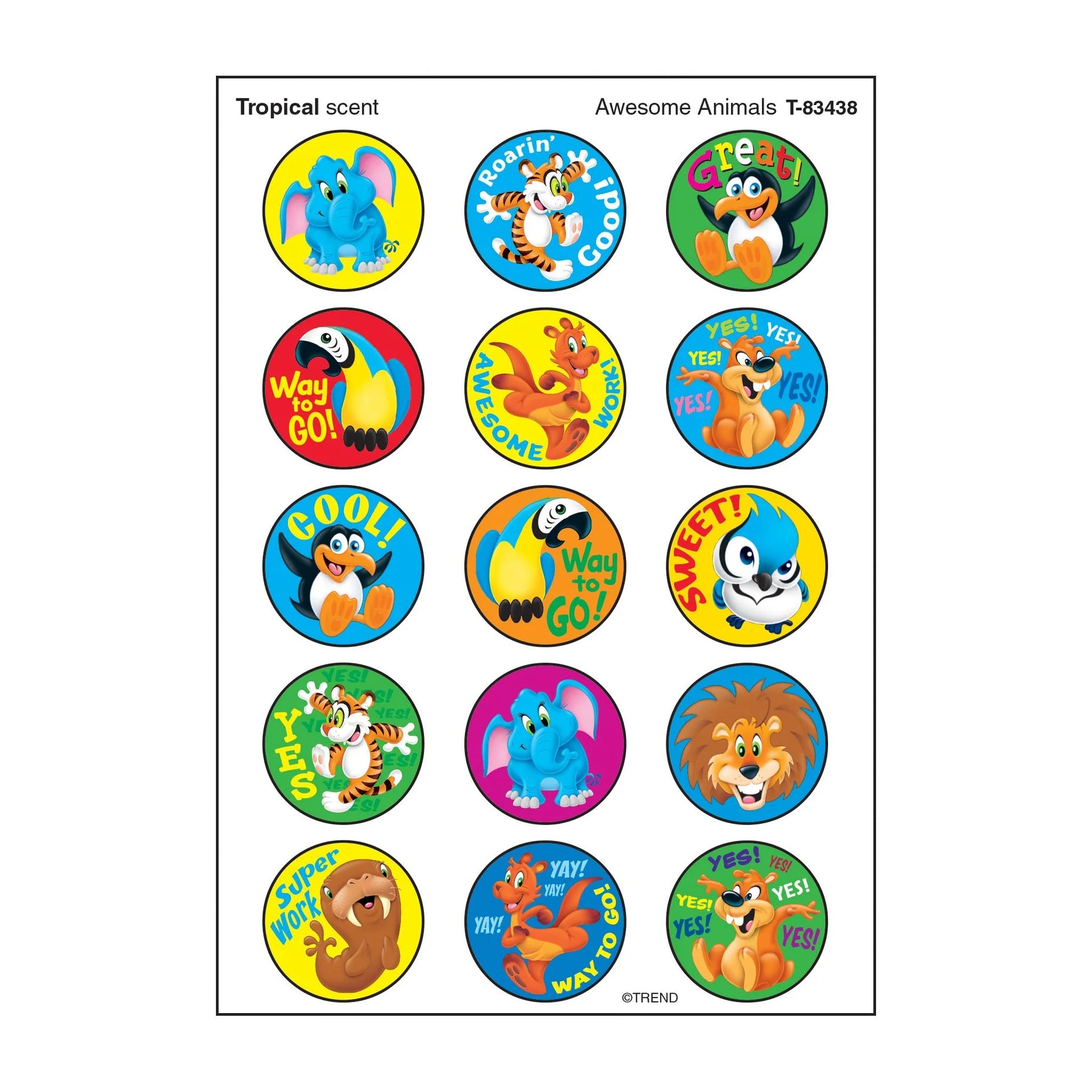 Awesome Animals Tropical Scent Scratch and Sniff Stinky Stickers - Large Round Stickers for Kids, Fun Classroom Rewards & Party Favors - Perfect for Collecting, Trading and Decorating Notebooks