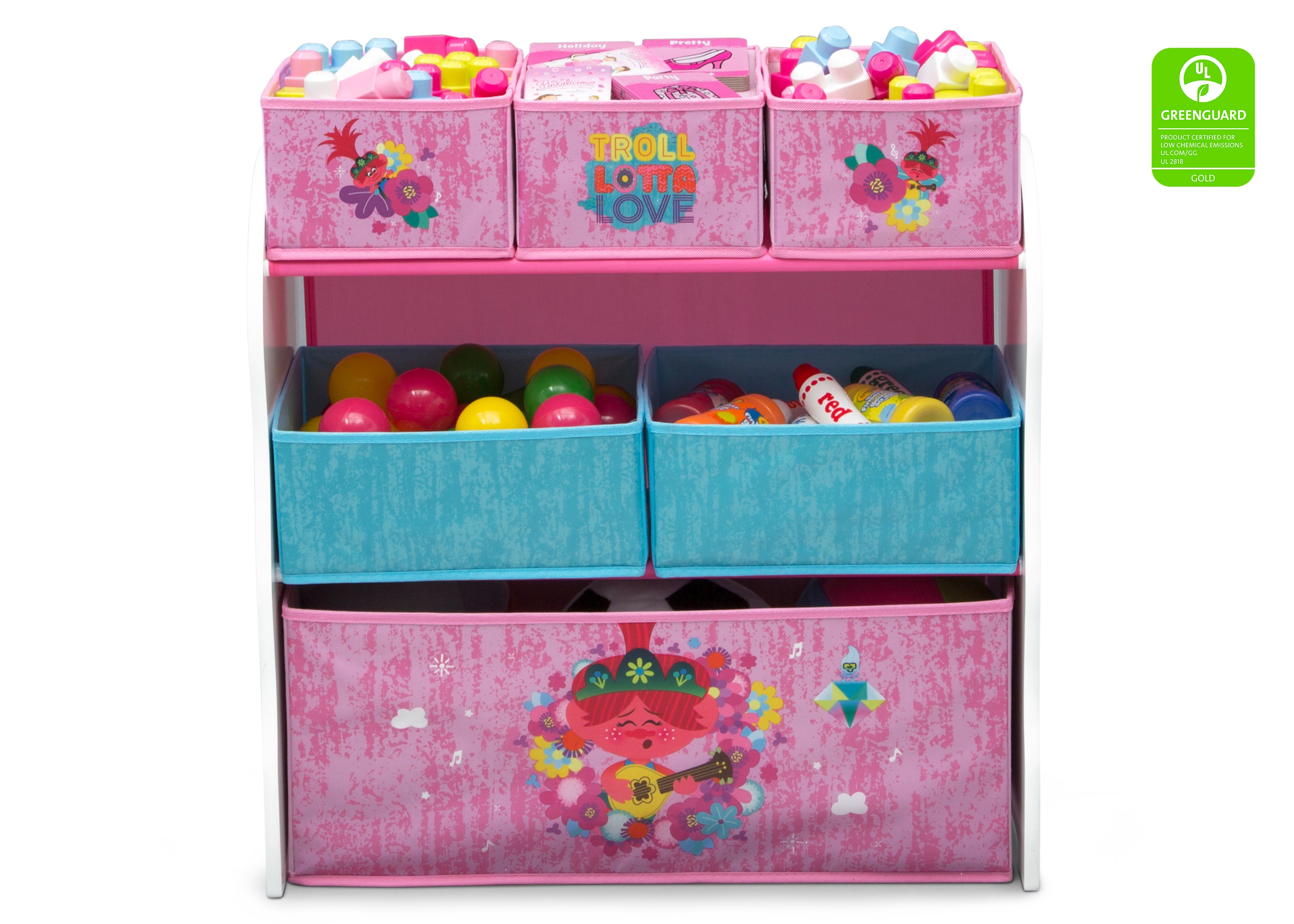 Trolls World Tour 6-Bin Toy Organizer with Storage Baskets - Kids Room Decor & Playroom Organization for Toys, Books, and Games