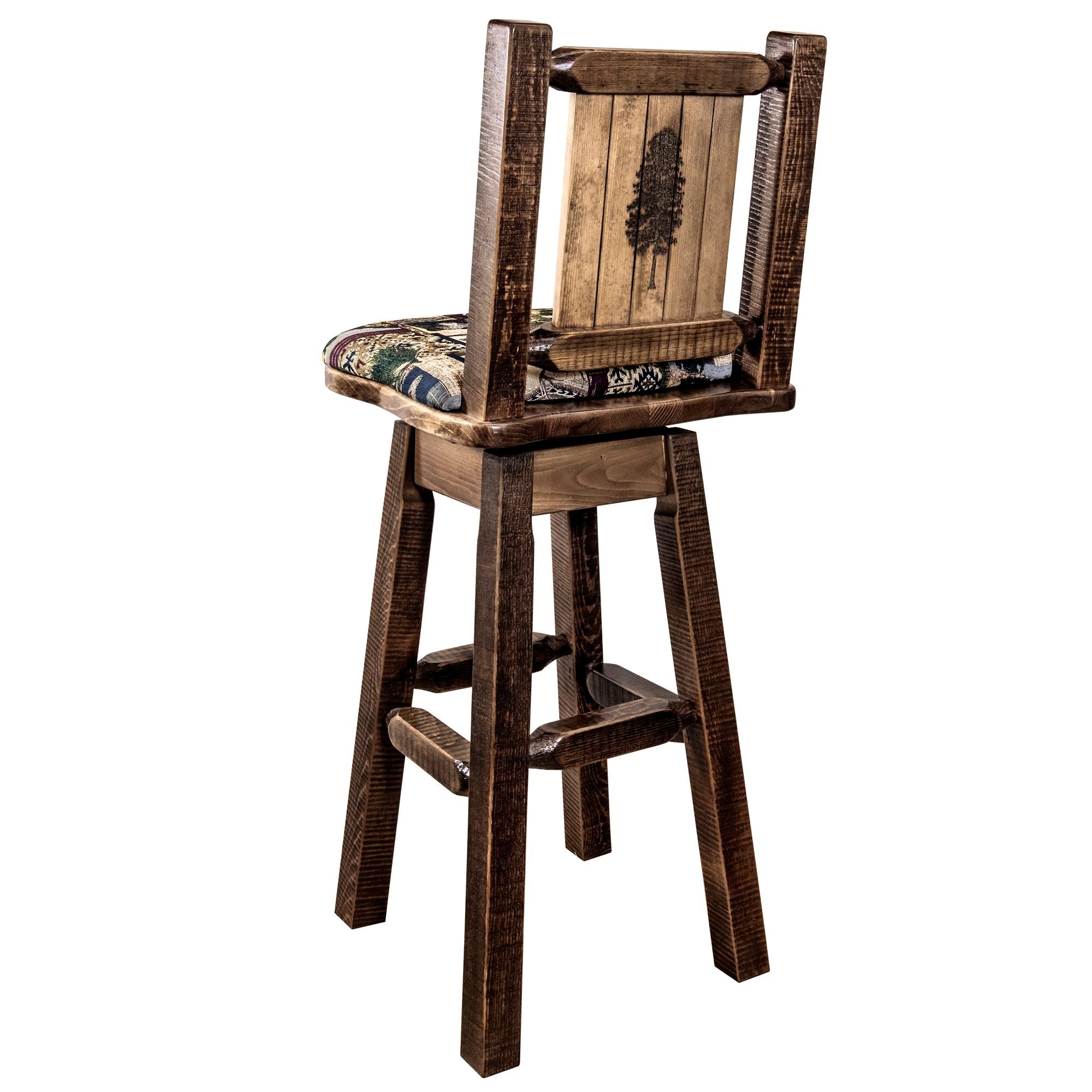 Homestead Barstool with Back & Swivel - Woodland Pattern Upholstered Seat with Laser Engraved Design - Perfect for Kitchen Islands, Home Bars, and Farmhouse Decor