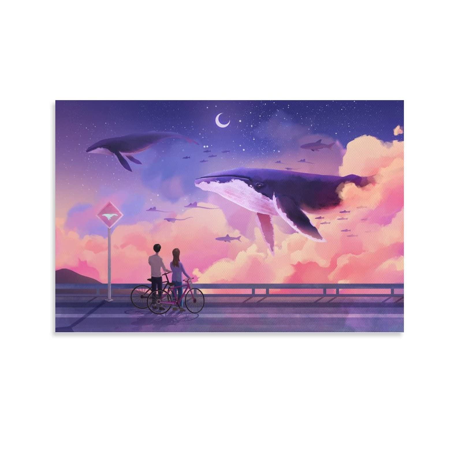Fantasy Anime Couple Bike Dreamland Whale Night Sky Sea of Clouds Canvas Wall Art - 24x36 Inch (60x90cm) - Perfect for Bedroom, Living Room & Anime Lover's Home Decor