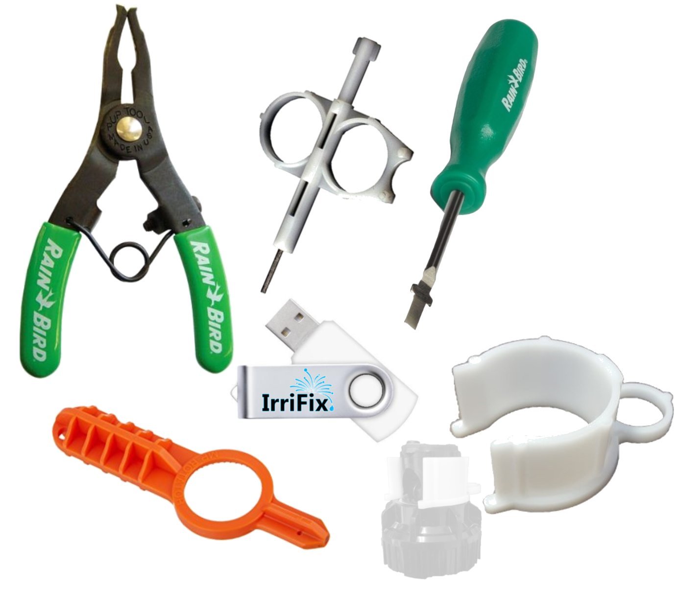 Rain Bird Sprinkler Head Pull Up Tool Set - Hunter & Orbit Gear Drive Tool, ROTORTOOL & MP Rotator Adjustment Kit with Hold Up Collar - Lawn Irrigation System Repair Tools for Sprinkler Maintenance (Includes USB Instruction Guide) - Perfect for Residential & Commercial Landscape Watering Systems