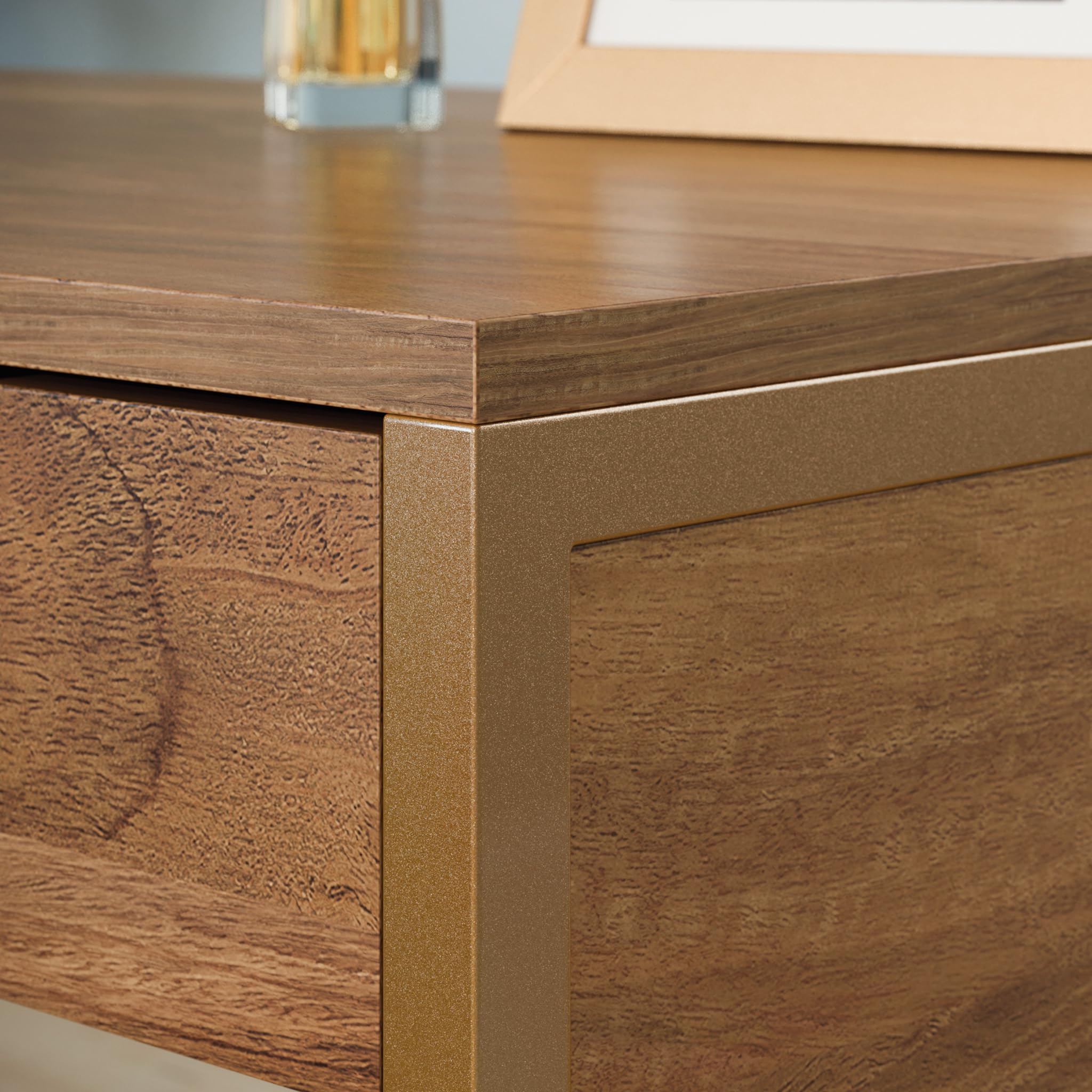 Sauder International Lux L-Shaped Desk with Sindoori Mango Finish - Modern Home Office Workstation for Small Spaces, Gaming & Study