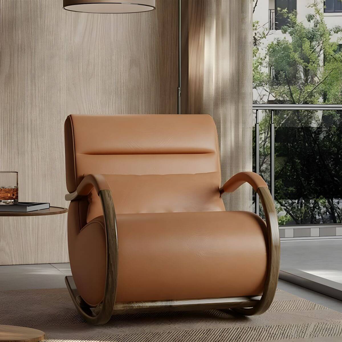 Modern Brown Wood Indoor Rocking Chair with Spindle Back & Water-Resistant Seat - Perfect for Nursery, Living Room & Relaxation