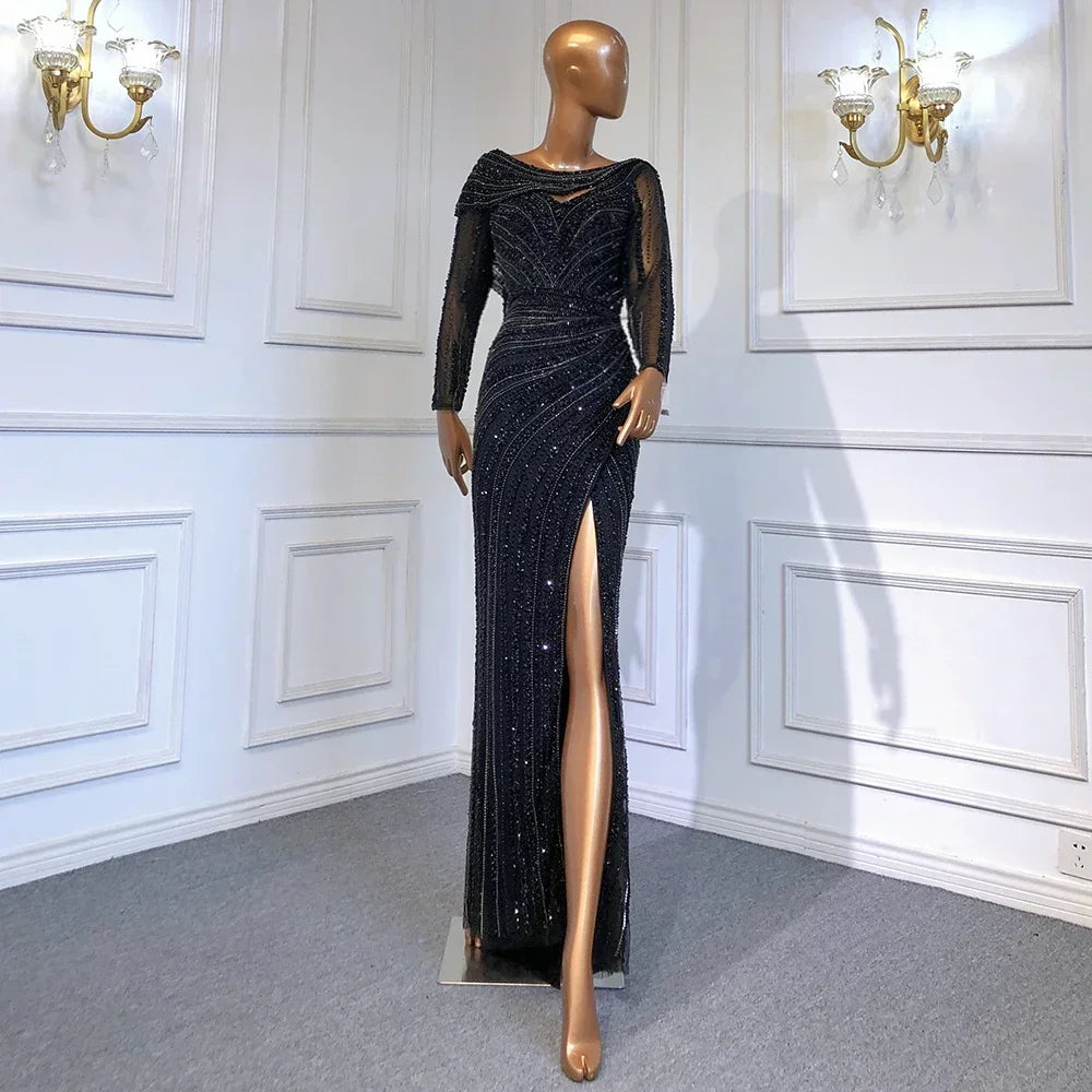 Elegant Silver Mermaid Evening Dress with High Slit & Beaded Details - Luxury Women's Party Gown for Prom, Wedding & Formal Events - Serene Hill Collection LA70752L