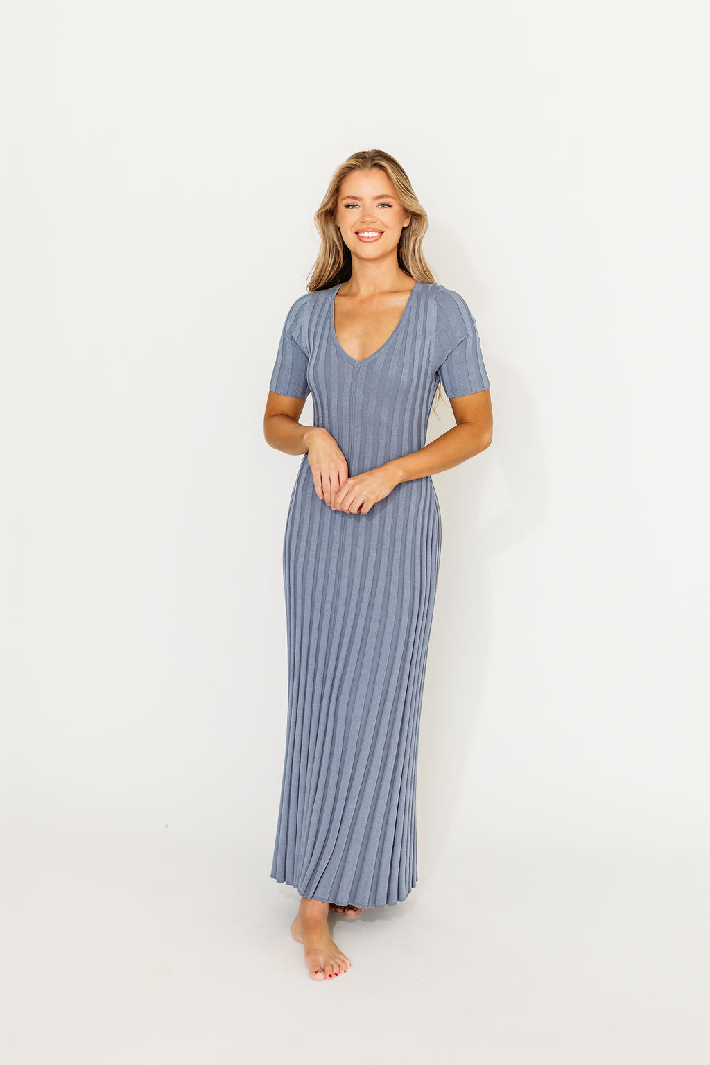 Oakley Ribbed Maxi Dress in Dusty Blue - Bump Friendly Maternity Dress for Pregnancy & Nursing | Perfect for Casual Outings, Baby Showers & Summer Events