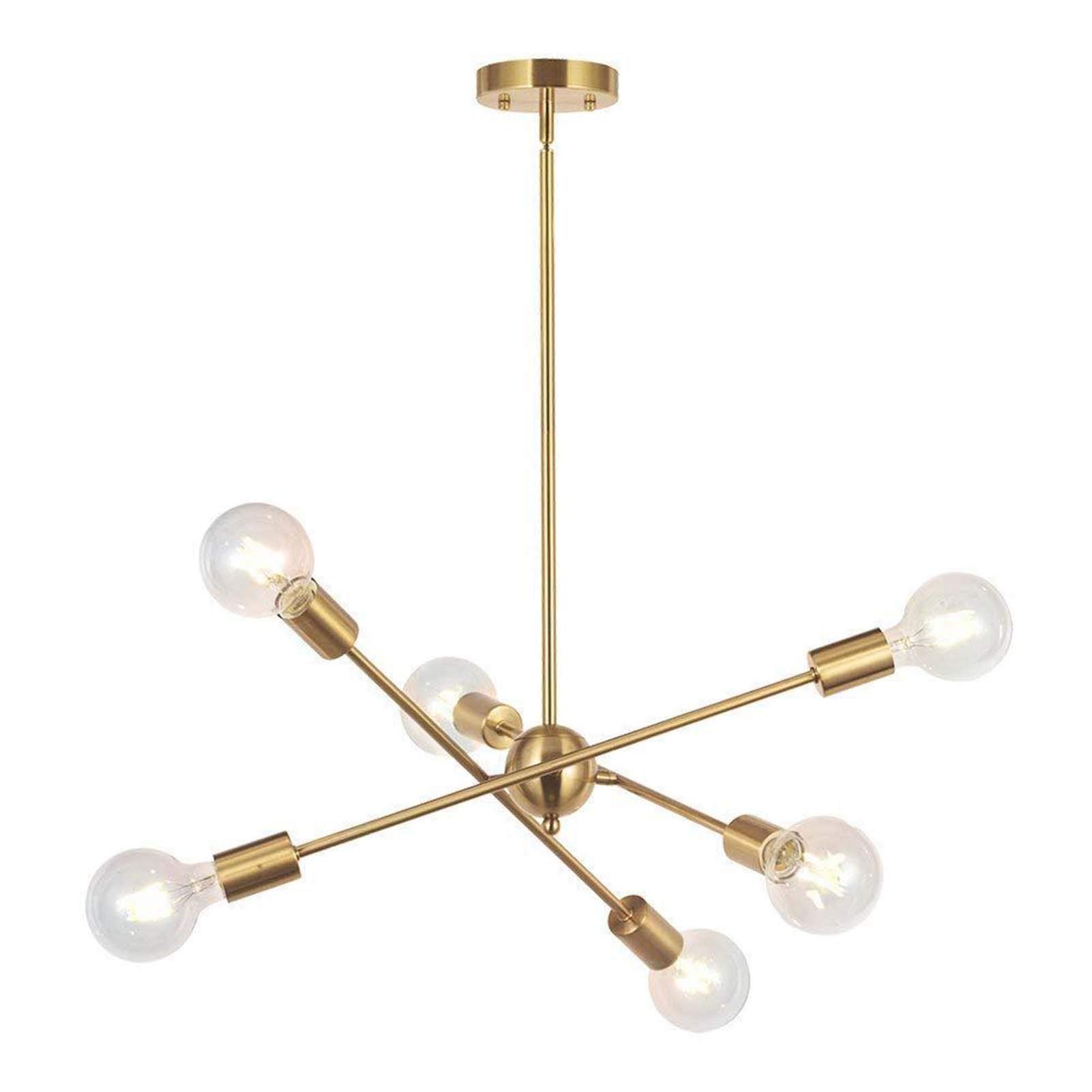 Vintage 6-Light Gold Industrial Sputnik Chandelier - Modern Metal Chrome Finish Ceiling Lamp for Dining Room, Kitchen Island, Bar & Living Room Lighting - Golden Finish