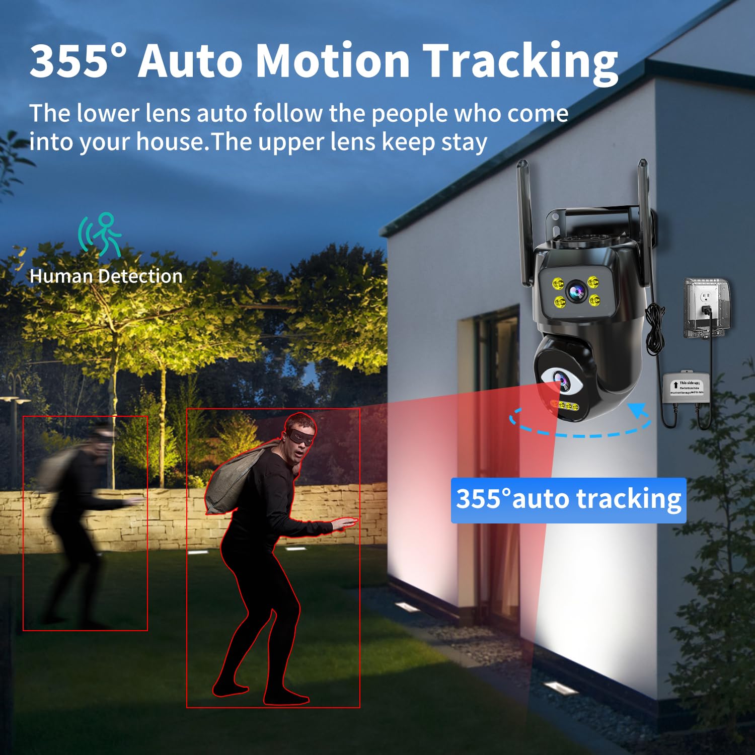 Dual Lens WiFi Security Camera Outdoor - 2.4G/5G PTZ Plug-in Auto Tracking Home Surveillance System with Night Vision & 24/7 Recording | Ideal for Home Security, Baby Monitoring & Property Protection