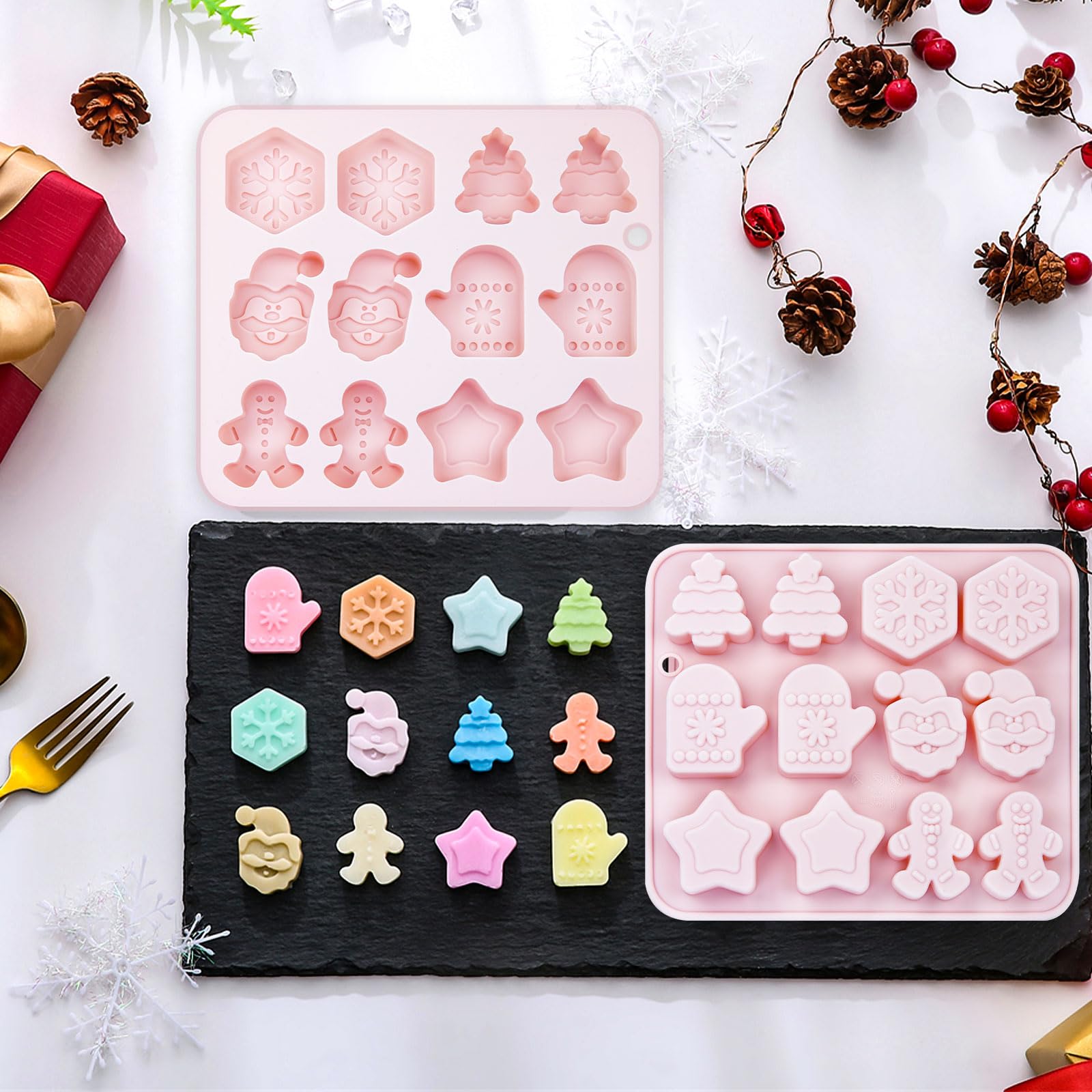 3 Pack Christmas Silicone Baking Molds - Santa, Tree, Snowman Cookie & Candy Molds for Chocolate, Gummies, Jello, Soap, Candle Making | Holiday Baking & DIY Crafts Gift Idea