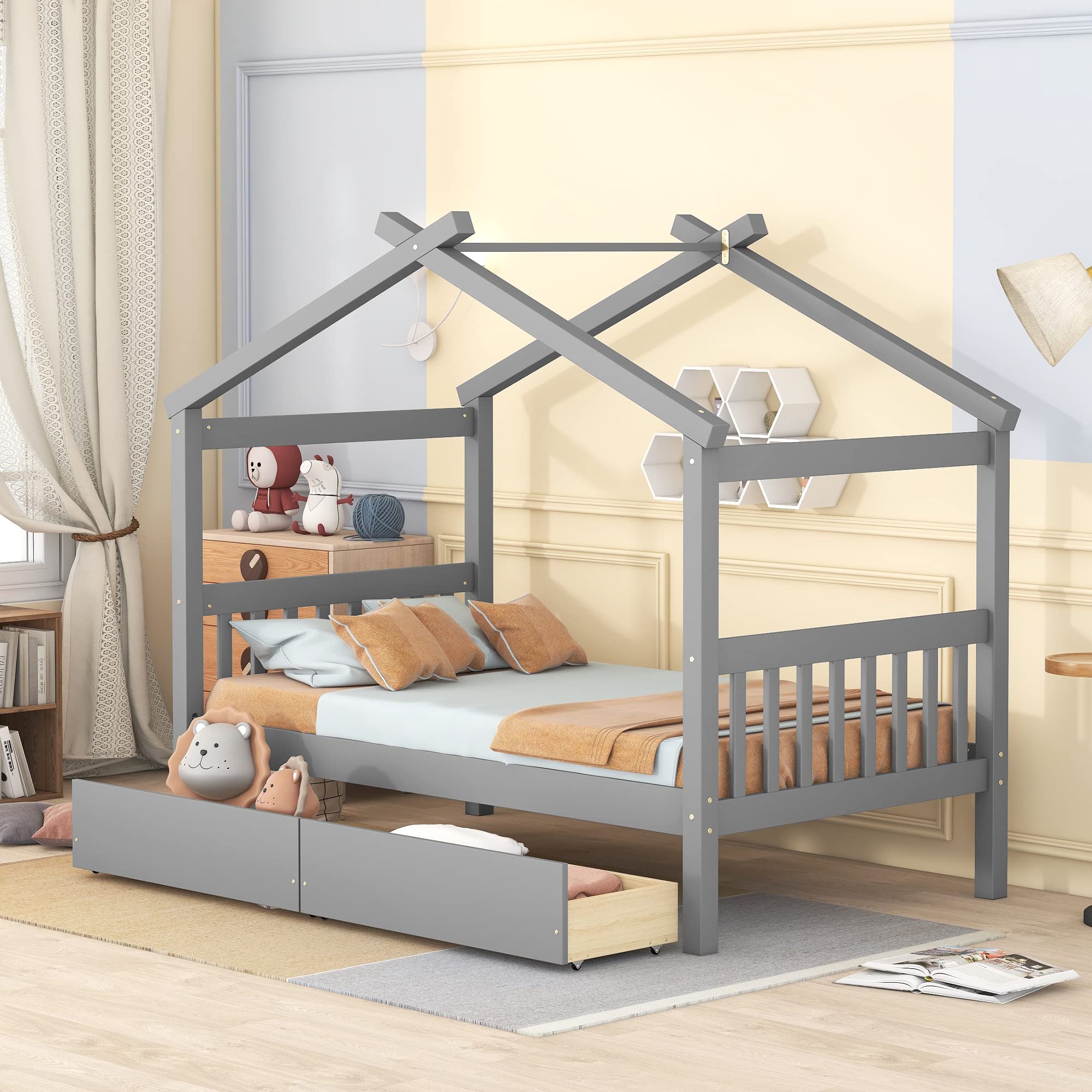 Montessori Twin Size House Bed for Kids - Solid Wood Platform Bed Frame with 2 Storage Drawers, Headboard & Footboard - Gray Twin Bed for Girls & Boys - Perfect for Small Bedrooms, Playrooms & Montessori Learning Spaces