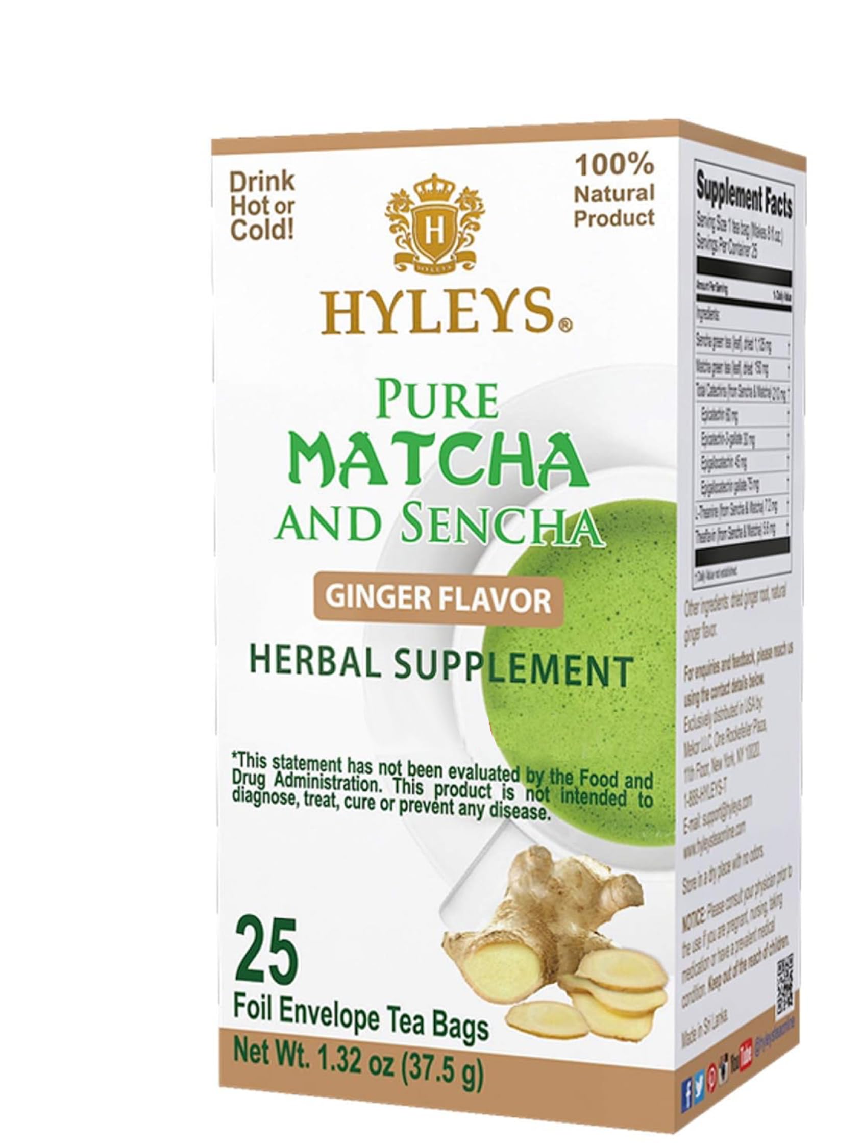 Hyleys Japanese Pure Matcha Green Tea Bags with Ginger - 150 Tea Bags (6 Pack) - Antioxidant Wellness Tea for Energy Boost & Relaxation - Perfect for Morning Routine, Office Work or Afternoon Break