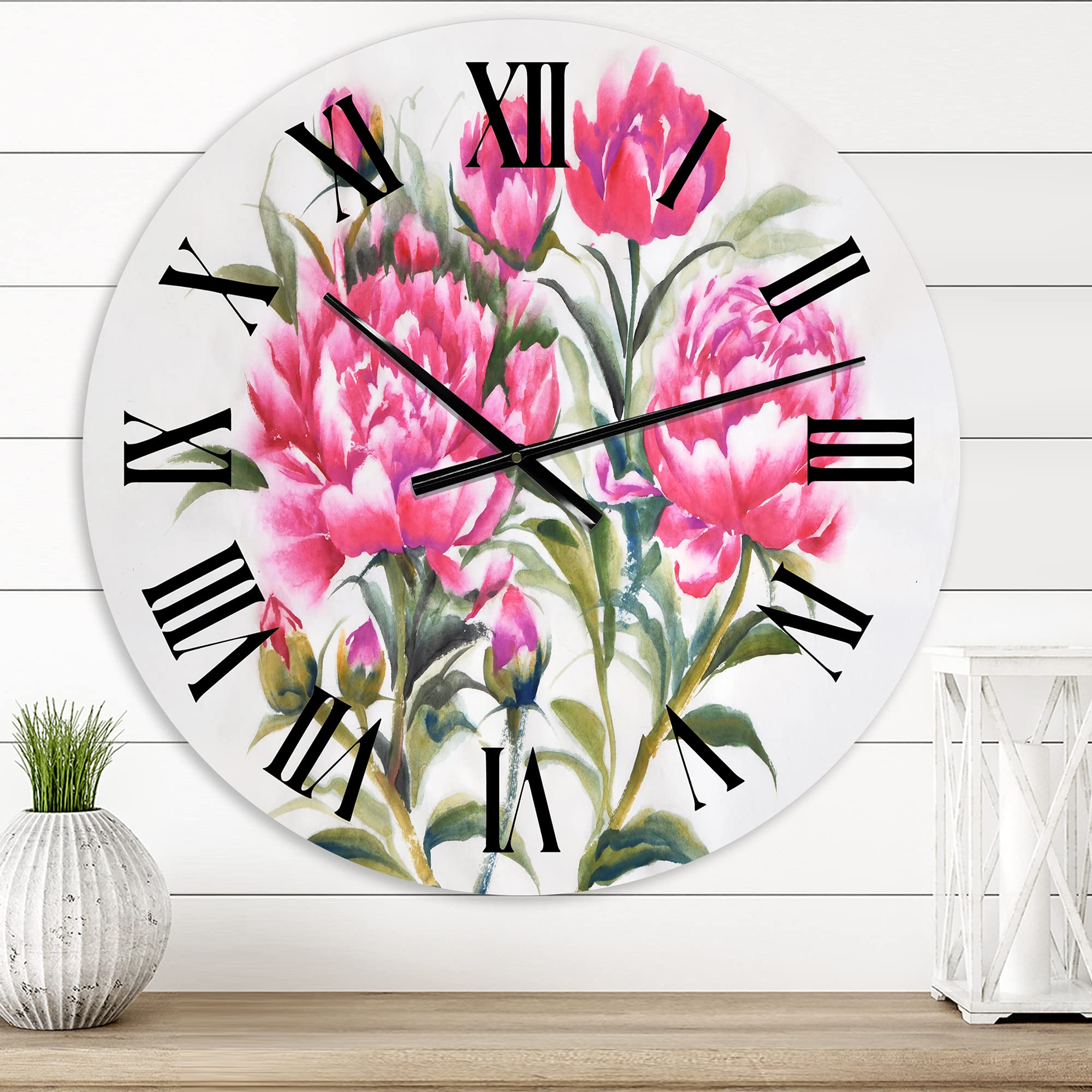 DesignQ Traditional Wall Clock - Purple Peonies Floral Large Wall Clock for Kitchen, Living Room, Bedroom Decor | Perfect for Home, Office & Gift Giving
