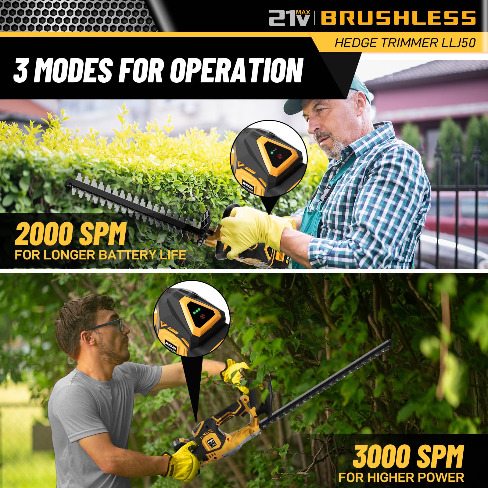 Cordless Hedge Trimmer with Battery & Charger - 20 Inch Electric Shrub Trimmer, 3000RPM Brushless Motor, 1/2 Inch Cutting Capacity, Lightweight 4.4LBS - Compatible with Extension Pole for Lawn Care, Garden Maintenance & Landscaping