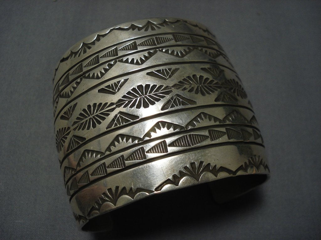 Authentic Navajo Deep Stamp Sterling Silver Bracelet - Vintage Native American Jewelry by Rick Etsitty | Handcrafted Southwest Style for Women's Fashion & Boho Accessories