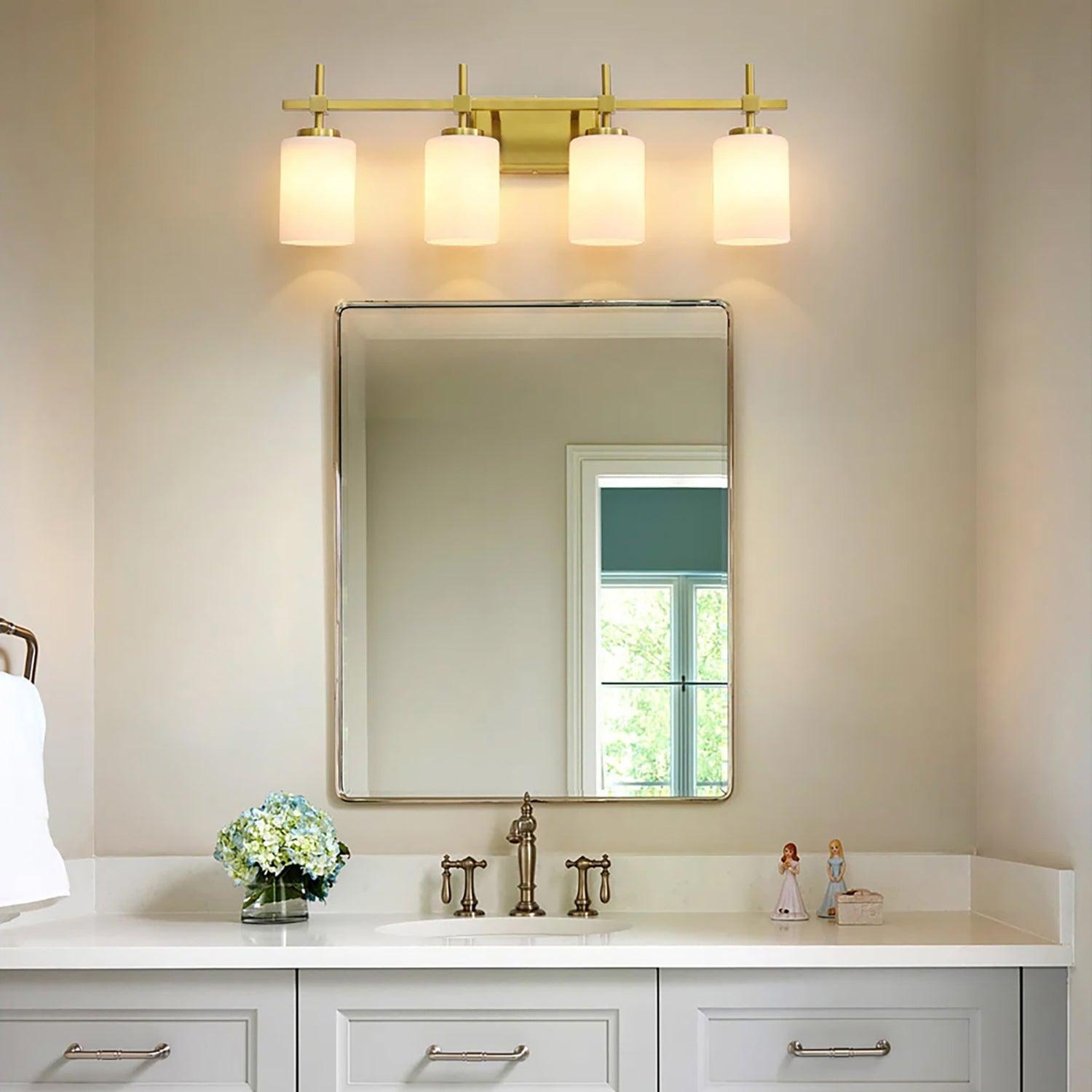 Jasper Gold Modern Frosted Glass 4-Light Bathroom Vanity Light Fixture - Perfect for Bathroom, Powder Room & Dressing Area Lighting