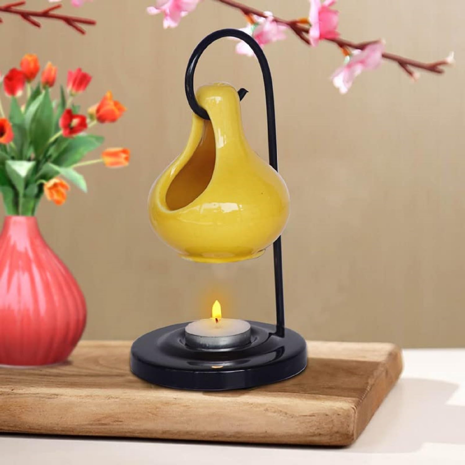Pure Source India Ceramic Aroma Oil Diffuser Hanging Burner - 4 x 8 Inch Home Fragrance Decor (Yellow) | Essential Oil Warmer for Yoga, Meditation & Aromatherapy | Perfect Housewarming Gift