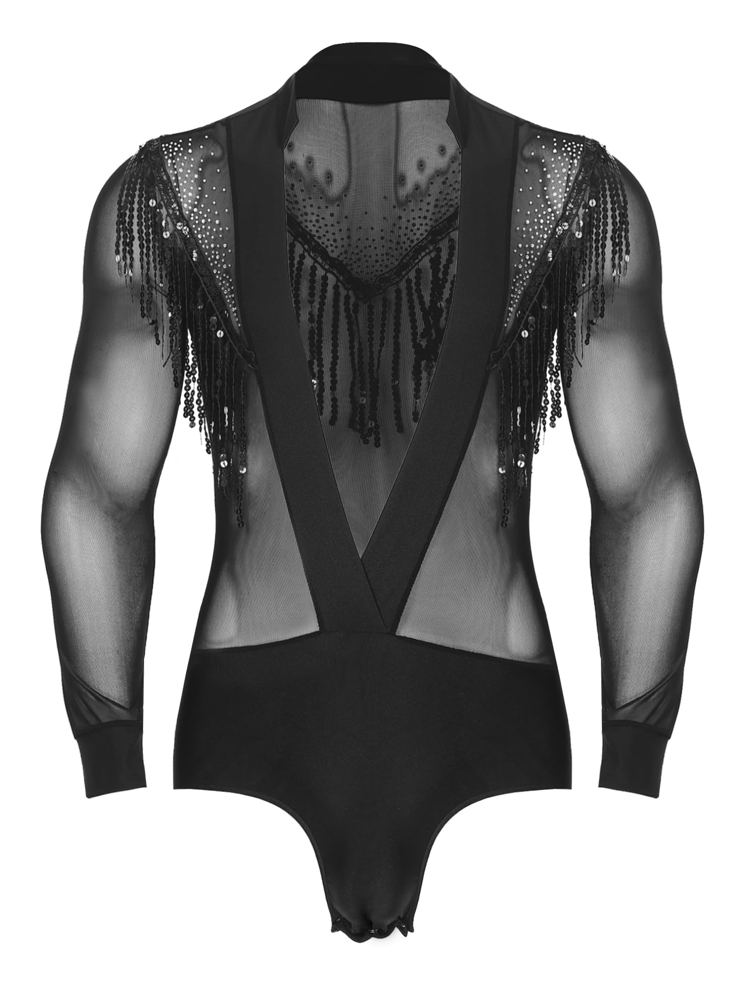 FEESHOW Men's Latin Dance Shirt - Sheer Mesh Patchwork Fringe Bodysuit for Salsa, Bachata, Tango - Modern Clubwear Performance Top for Dance Competitions & Nightlife