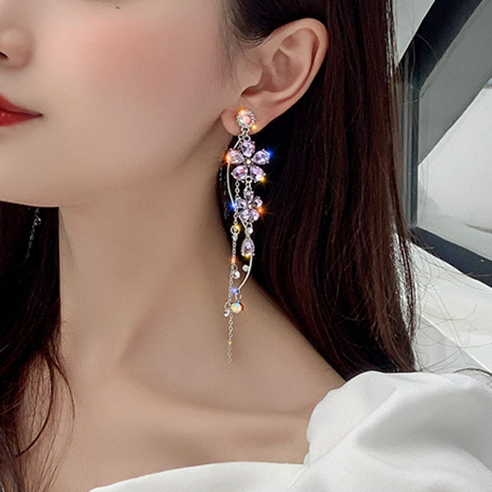Xerling Crystal Wedding Flower Drop Earrings for Women – Elegant Long Purple Flower Tassel Dangle Earrings with Rhinestones | Perfect for Bridal, Prom, Evening Party & Special Occasions
