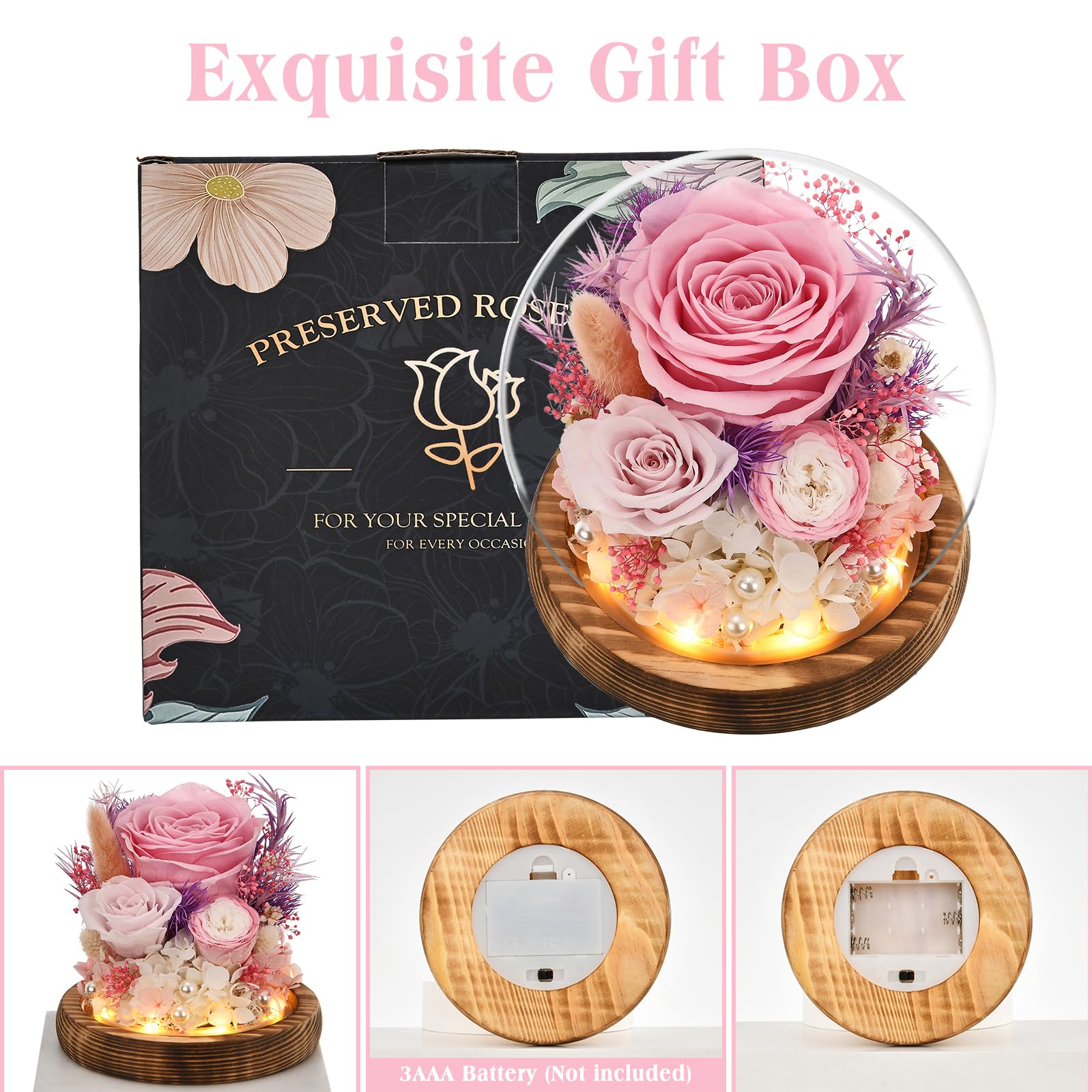 Preserved Roses in Glass Dome with LED Light - Perfect Gift for Women, Mom, Grandma - Mother's Day, Birthday, Valentine's Day Present (Pink) | Home Decor, Wedding Centerpiece, Romantic Keepsake