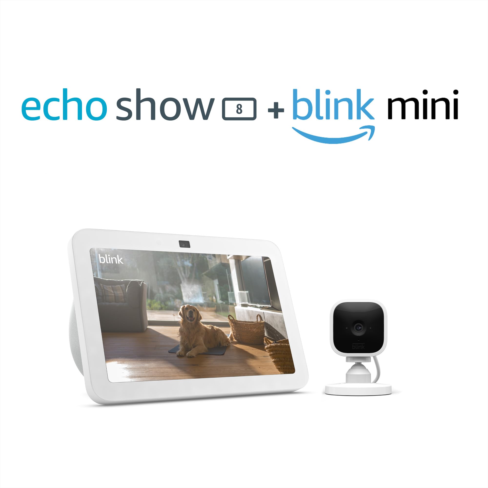 Echo Show 8 (3rd Gen, 2023) Smart Display with Blink Mini Security Camera - Glacier White | HD Screen, Alexa Voice Control, Video Calls, Home Security Monitoring for Kitchen, Living Room & Bedroom