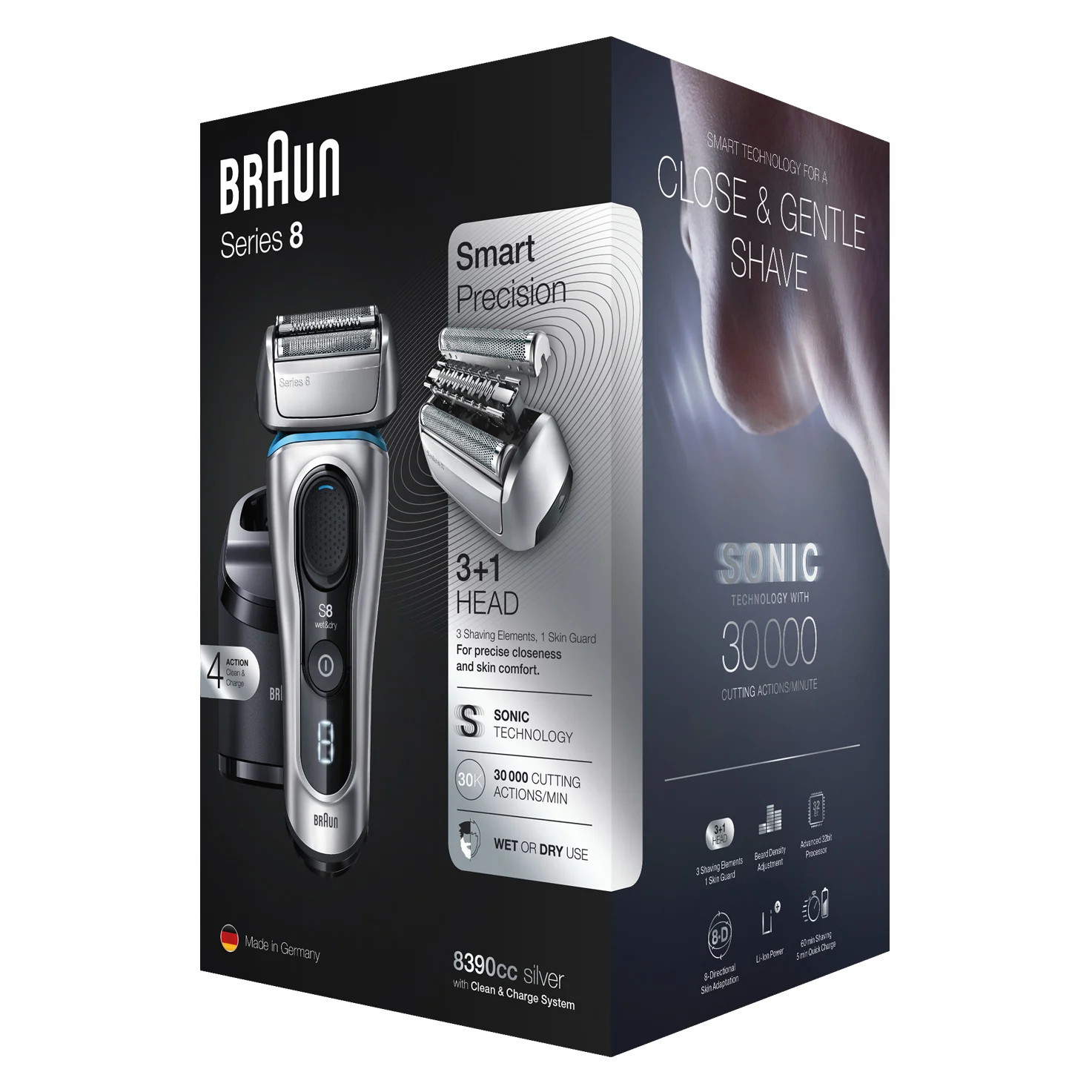Braun Series 8 8390cc Electric Foil Shaver for Men with Clean & Charge System - Wet & Dry Shaving, Silver | Perfect for Travel, Home Use & Sensitive Skin