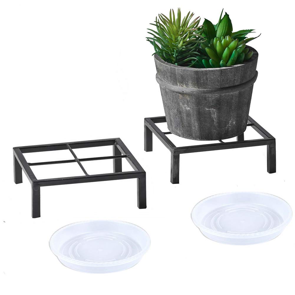 TenFuju 6-Inch Small Metal Plant Stand with Saucer - Rustproof Iron Flower Pot Holder for Indoor & Outdoor Use - Square Garden Container Rack for Potted Plants (2-Pack, Black) - Perfect for Patio, Balcony, and Home Decor