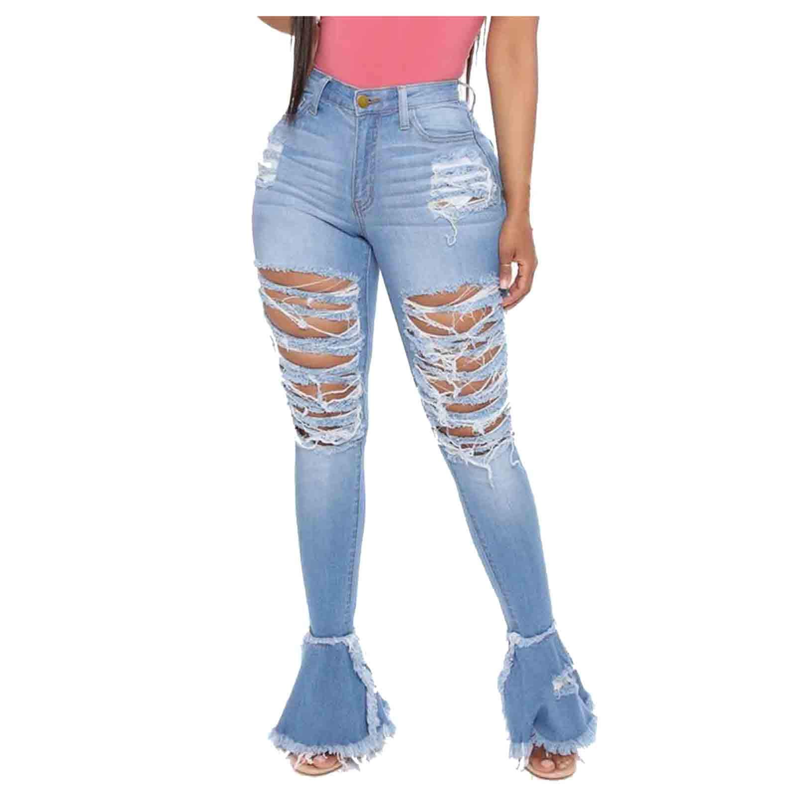 Women's Bootcut Flare Jeans - Extreme Tear Destroyed Ripped Bell Bottom Jeans with Raw Hem | Vintage Denim Pants for Casual Outfits & 70s Retro Style