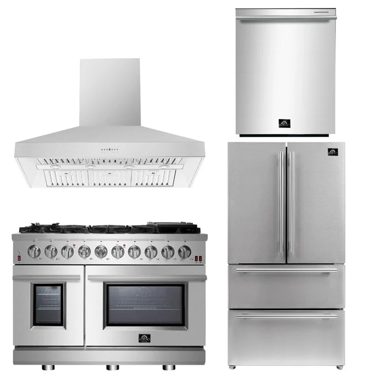 Premium Forno 48-Inch Gas Range, Range Hood, 36-Inch Refrigerator & Dishwasher Bundle - Complete Kitchen Appliance Package for Modern Homes & Professional Chefs