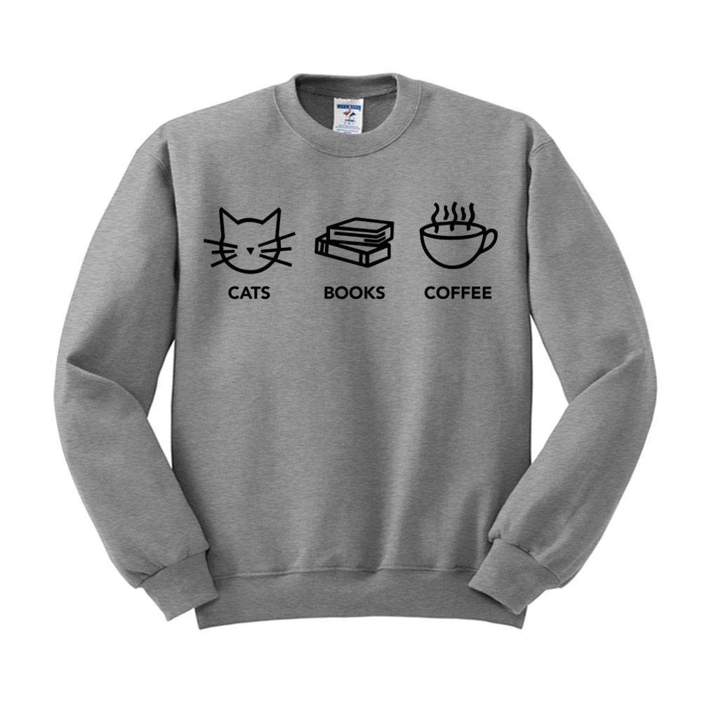 Unisex Cats Books and Coffee Sweatshirt - Cozy Pullover for Cat Lovers, Bookworms & Coffee Enthusiasts - Perfect for Reading, Relaxing & Casual Outings