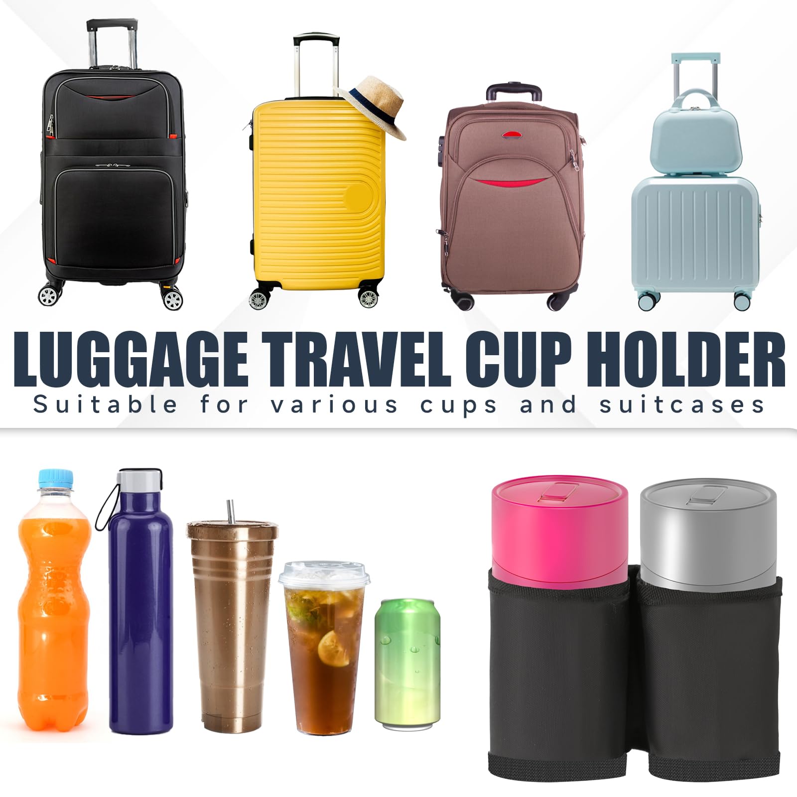 Black Travel Cup Holder for Luggage - Suitcase Drink Caddy with Secure Grip, Ideal for Flight Attendants & Business Travelers - Perfect for Airports, Hotels, and Commuting