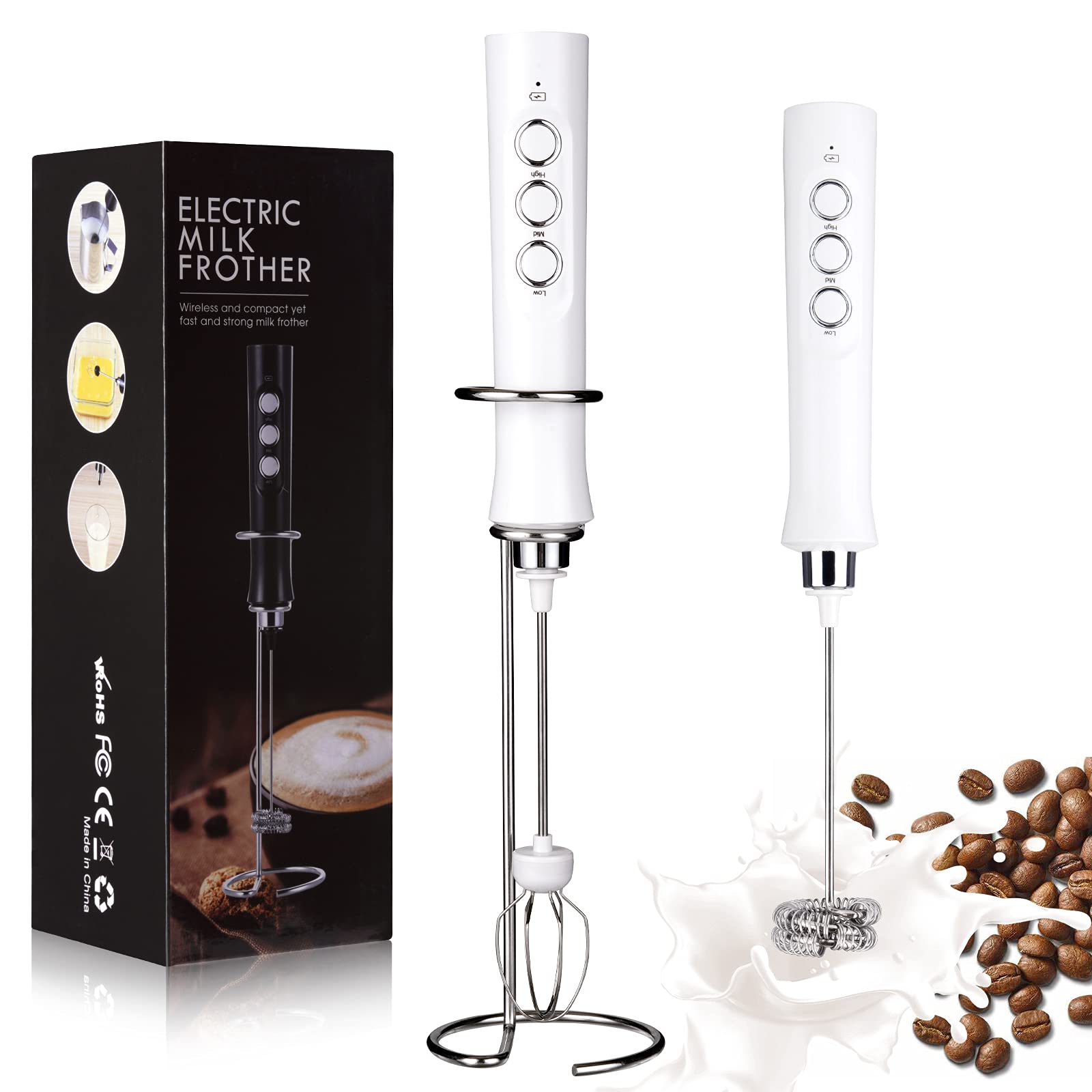 Handheld Milk Frother - 3-Speed Rechargeable for Coffee, Latte & Matcha - White