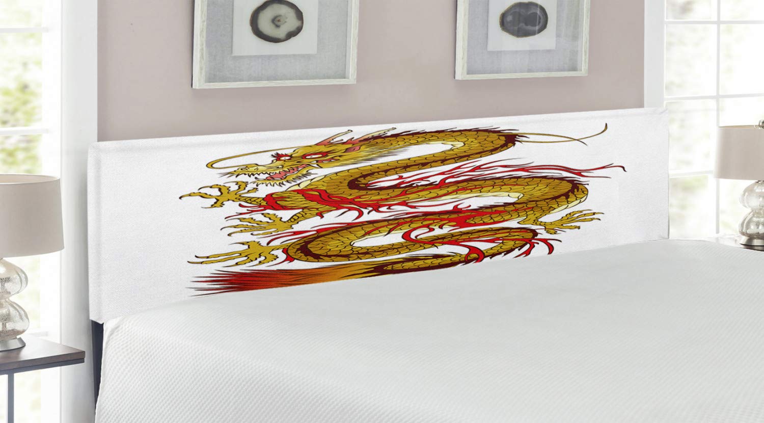 Ambesonne Japanese Dragon King Size Headboard - Mythical Fiery Upholstered Metal Bed Frame with Memory Foam in Mustard Vermilion Brown | Asian-Themed Bedroom Decor for Master Bedroom & Guest Room