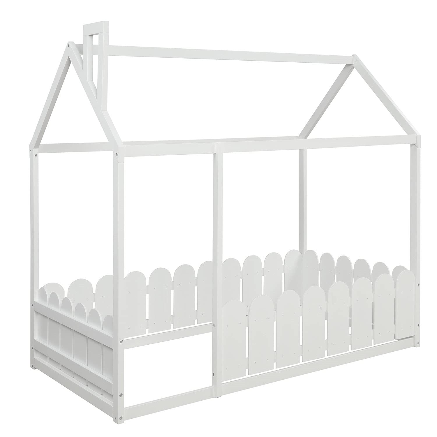 House-Shaped Kids Bed Frame - Twin Size Wooden Floor Bed with Safety Fence for Toddlers, Children & Teens - Ideal for Montessori Bedrooms & Playrooms (White, Slats Not Included)