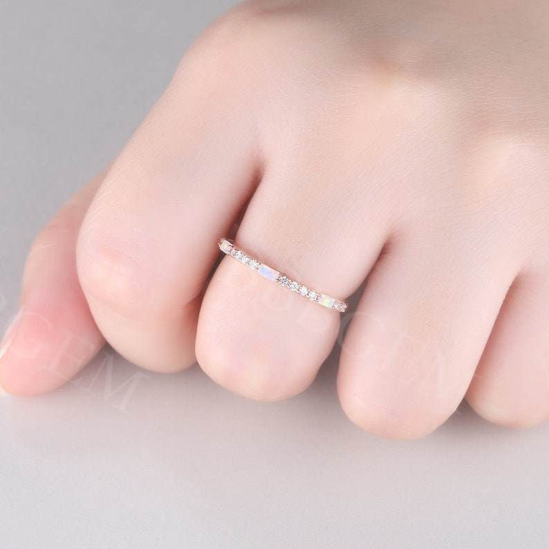 Dainty Half Eternity Baguette Opal Diamond Ring for Women - 14K Gold Anniversary Wedding Gift - Perfect for Valentine's Day, Engagement, Proposal & Special Occasions