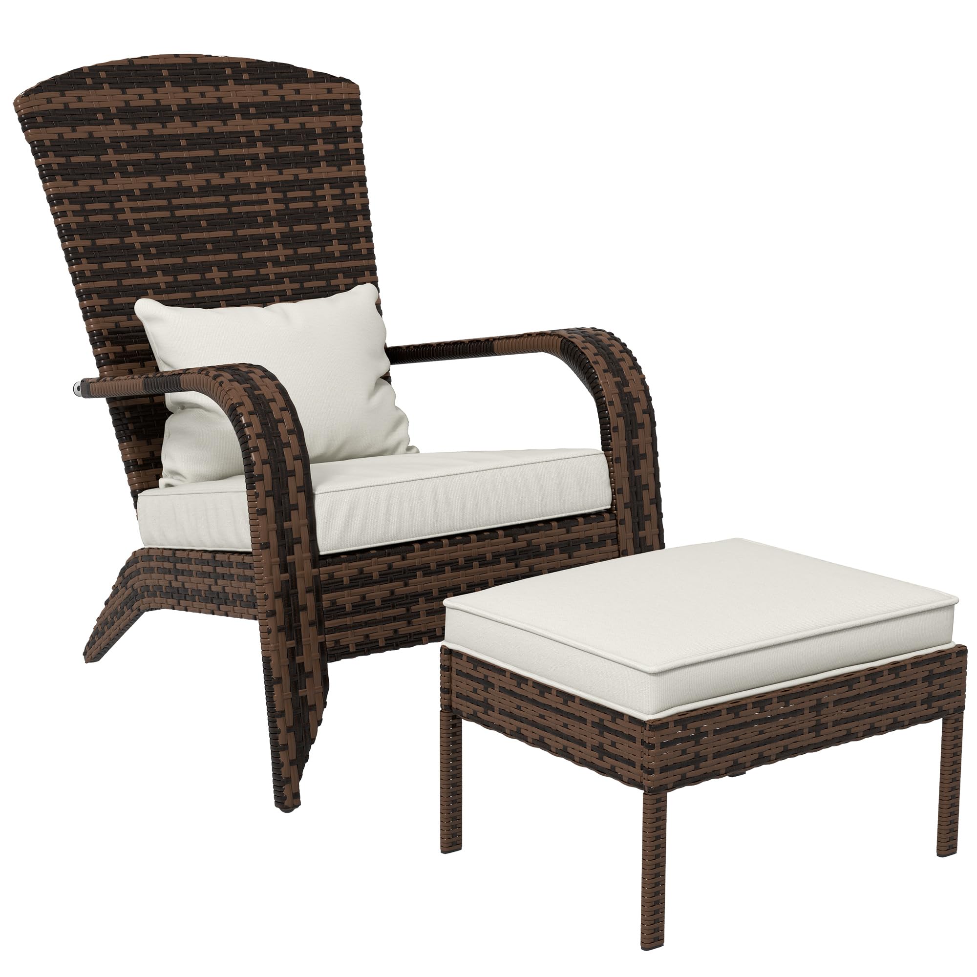 Outsunny Cream White Wicker Adirondack Chair with Ottoman - High-Back Outdoor Patio Furniture Set with Cushions, Large Seat & Wide Armrests for Deck, Garden, Backyard & Poolside Relaxation