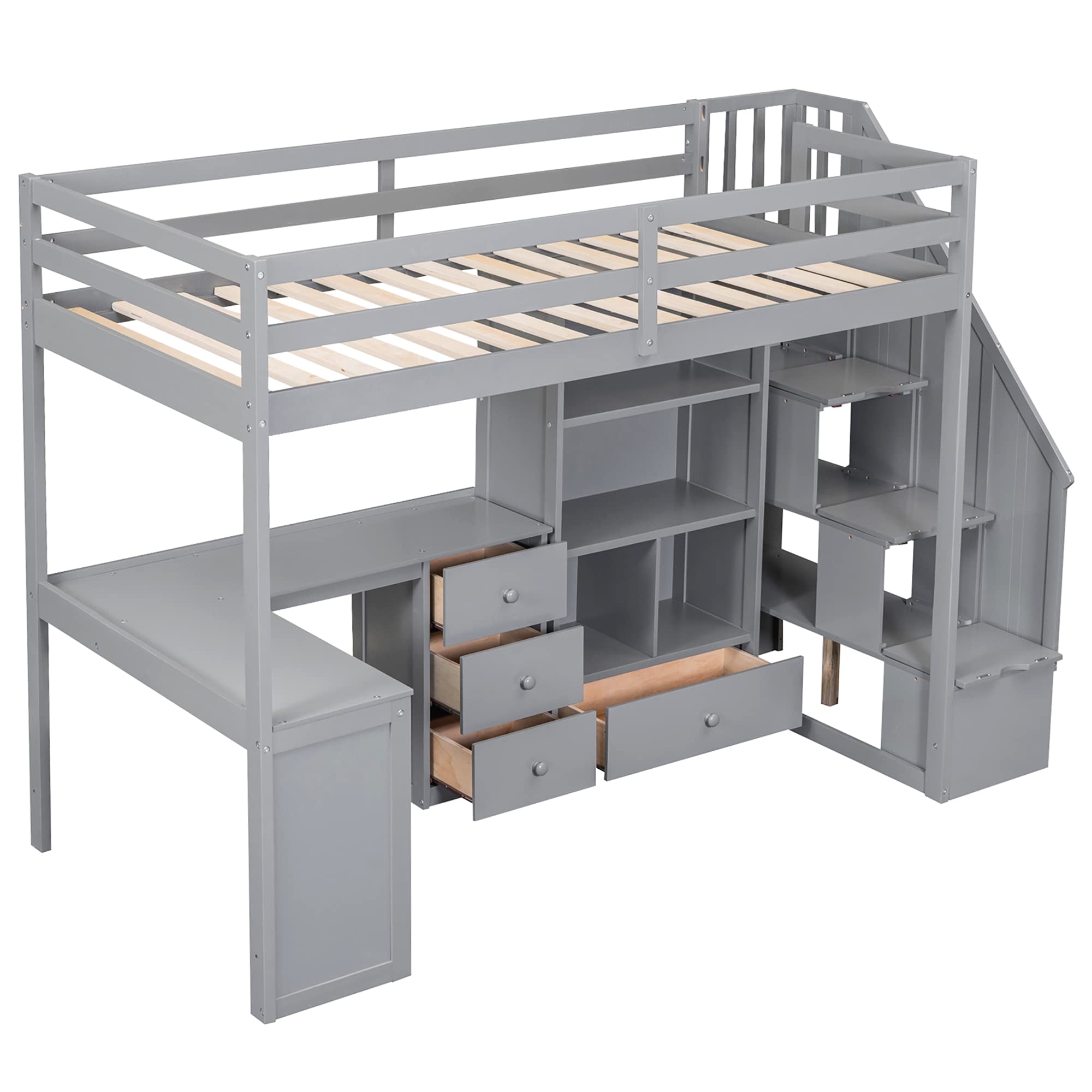 HABITRIO Twin Size Loft Bed with L-Shaped Desk, Storage Staircase & Drawers - Space Saving Study Bed with Cabinet & Shelves for Small Rooms, Grey - Perfect for Kids & Teens Bedroom, Dorm Room or Studio Apartment