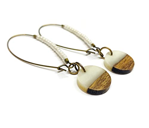 Handmade Wood and Resin Hoop Earrings for Women - Pearl Accent, 55mm Antique Brass Fashion Jewelry | Boho Chic Accessories for Casual Wear, Parties & Special Occasions