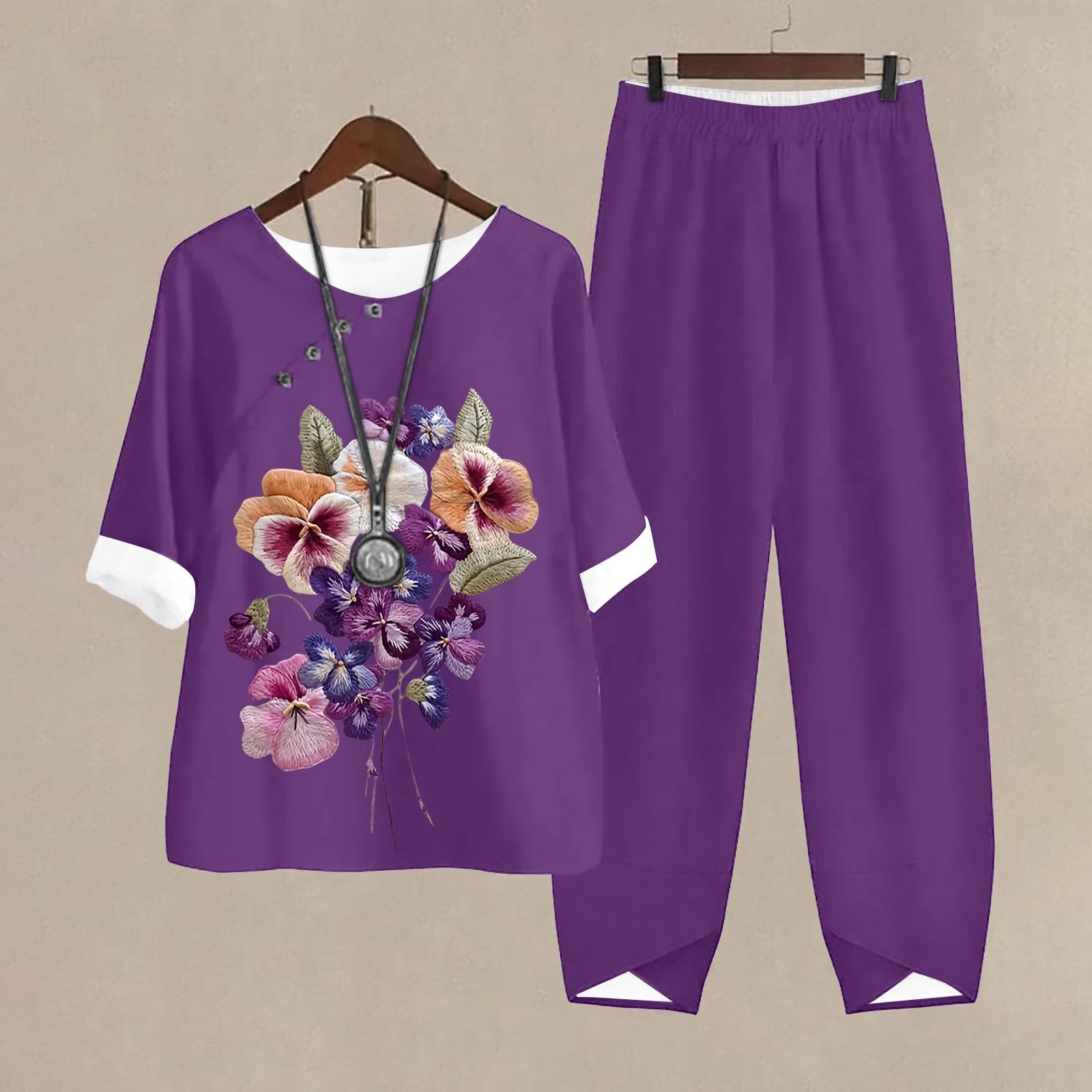 Alzheimer's Awareness Floral Linen Lounge Set for Women - 2 Piece Matching Summer Casual Outfit in Purple | Comfortable Loungewear for Relaxation, Fundraising Events & Memory Care Support
