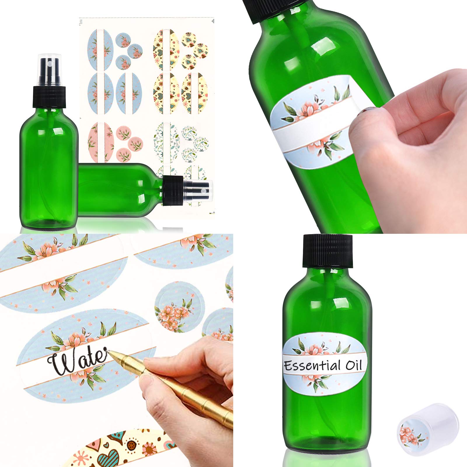 STARSIDE 12 Pack 4oz (120ml) Green Glass Spray Bottles with Fine Mist Nozzle & Dust Cap - Essential Oil Bottles, Perfume Atomizer, Cleaning Solution Sprayer - Includes 1 Brush, 2 Funnels, 2 Droppers & 18 Labels - Perfect for DIY Beauty, Aromatherapy & Home Cleaning