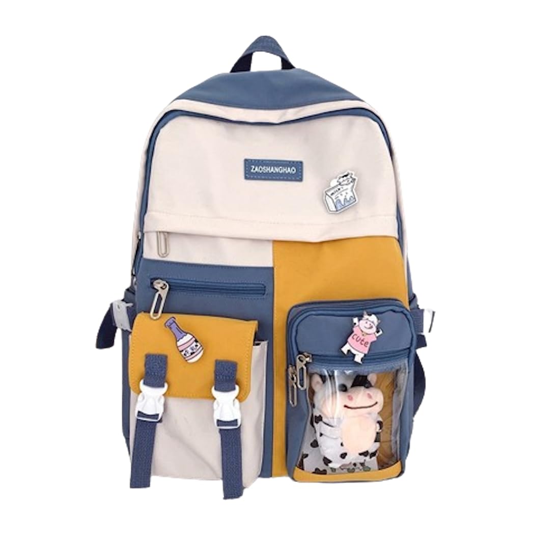 Selena Kawaii Backpack with Cow Badges - Cute Y2K Harajuku Itabag for School & Travel (Blue & Yellow, No Accessories) | Perfect for Anime Fans, Cosplay & Kawaii Fashion Lovers