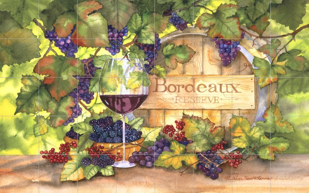 Ceramic Backsplash Tile Mural - Wine Themed Kitchen Decor in Bordeaux by Kathleen Parr McKenna - Perfect for Kitchen Renovation & Wine Cellar Accent Wall