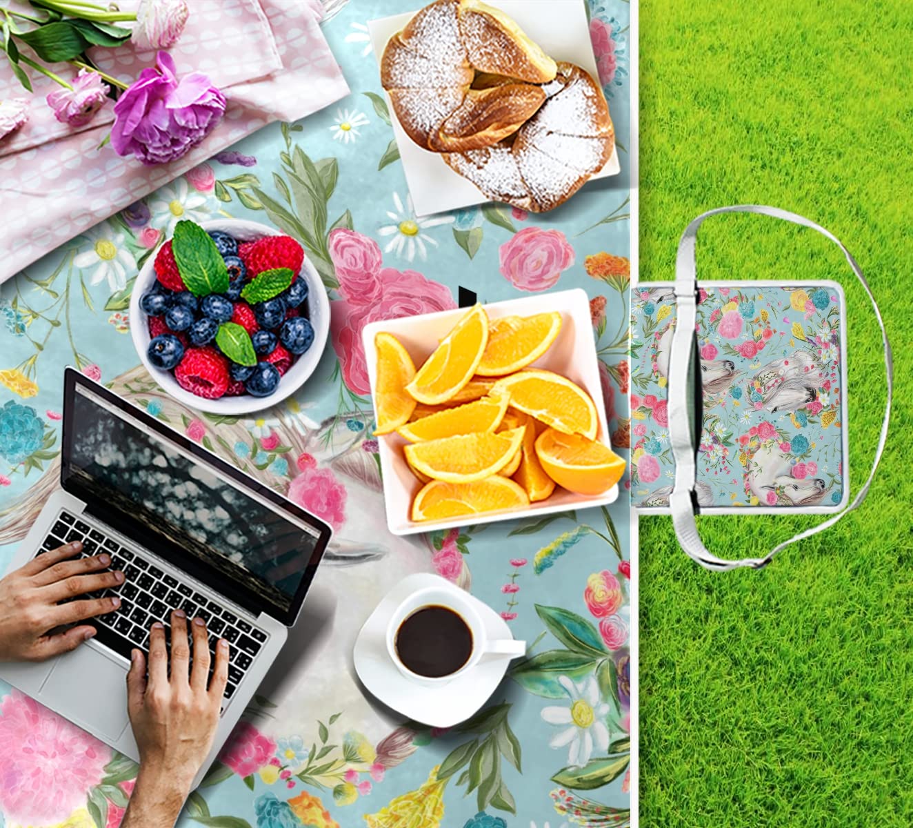 Waterproof Foldable Picnic Blanket - 57x59 Inch Large Outdoor Camping Mat with Shoulder Strap | Horse & Flower Design for Beach, Park, Travel & Picnics | Durable Portable Blanket for Family Outings, Hiking & Outdoor Activities