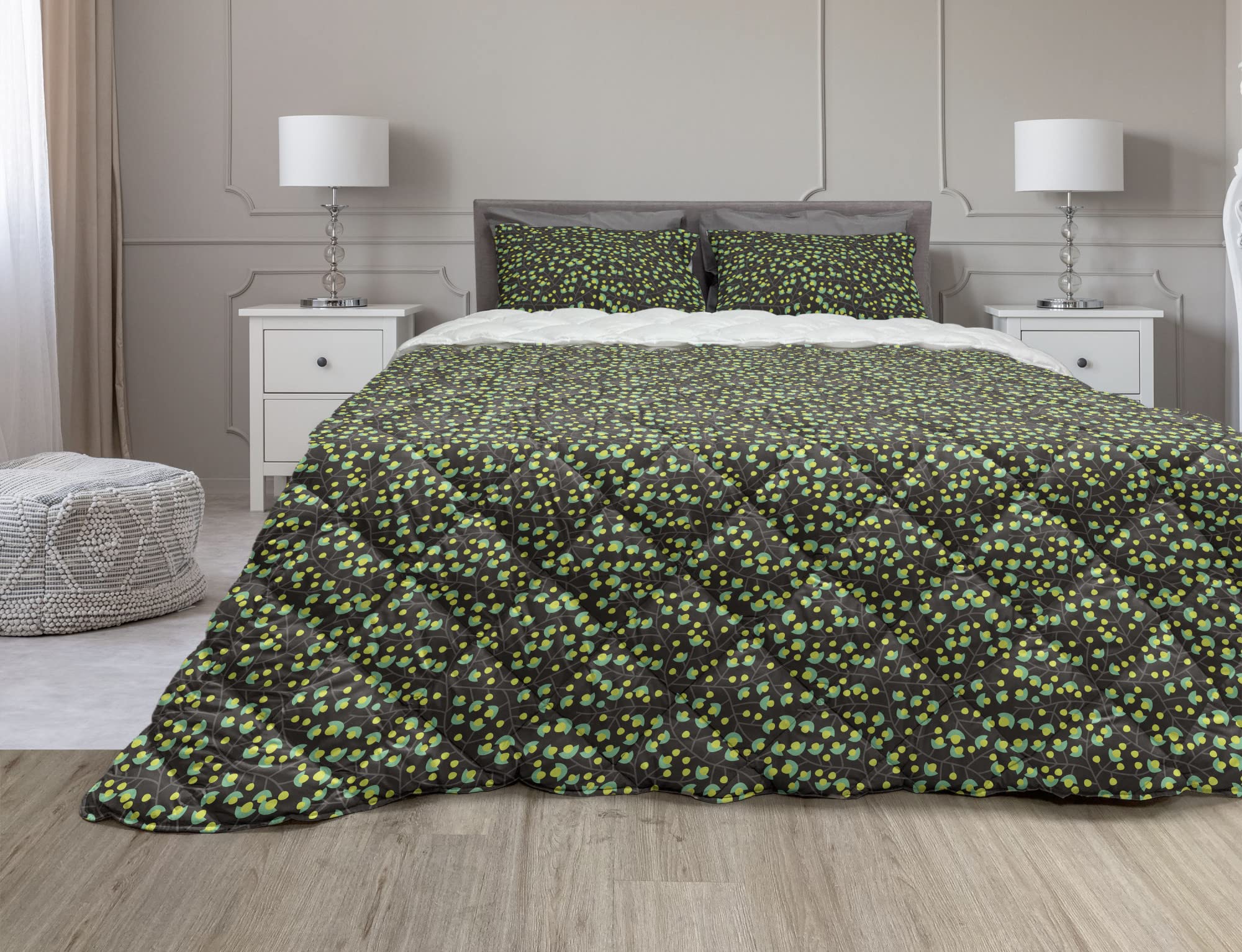 Ambesonne Floral Comforter & Sham Bedding Set - Queen Size 3-Piece Duvet Cover with Microfiber Filling, Yellow Green Sea Green Spring Flowers Design for Cozy Bedroom Decor | Perfect for Spring Refresh, Guest Room Makeover & Boho Chic Home Styling