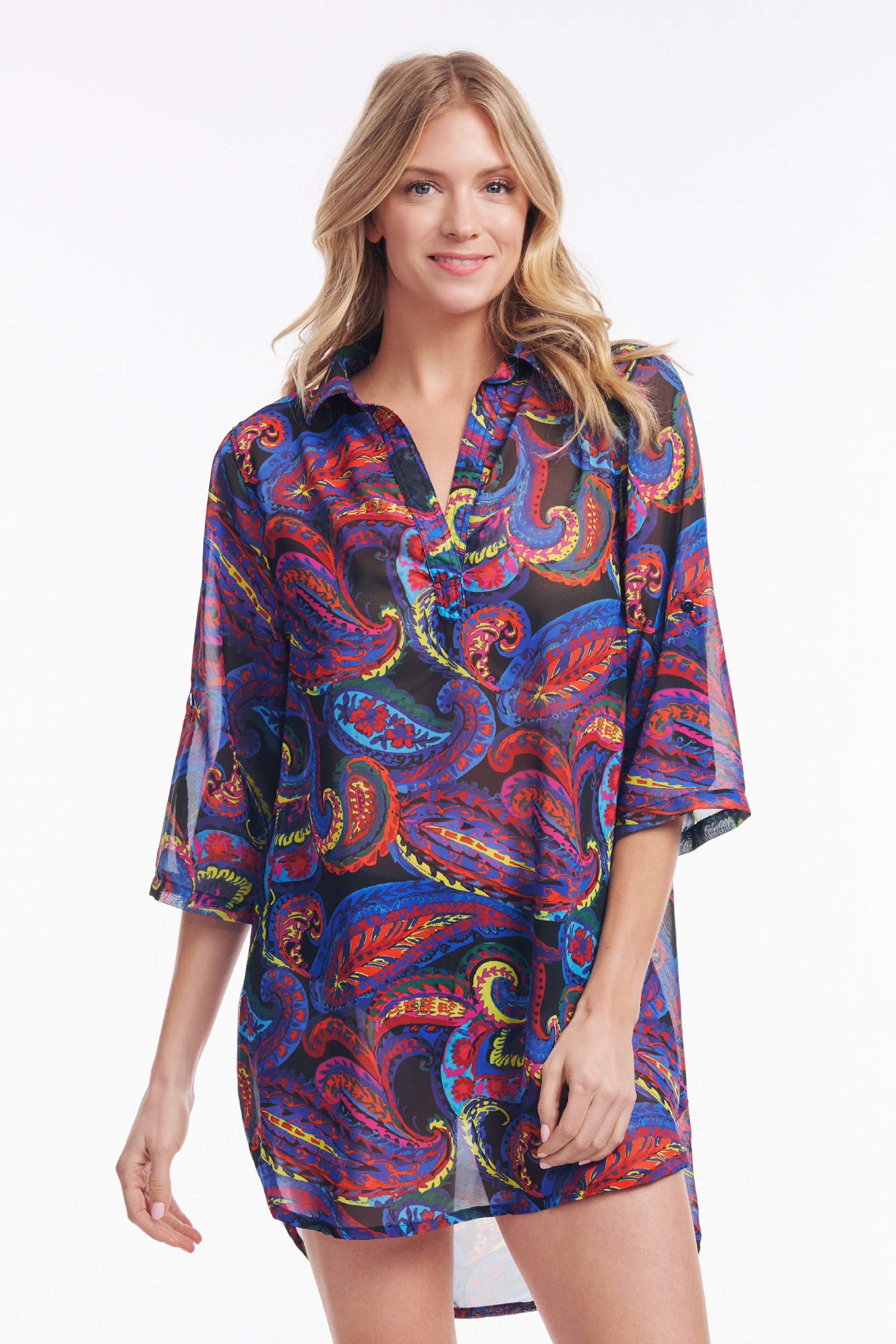 French Paisley Collared Pullover Tunic Coverup - Stylish Beach Cover-Up & Casual Loungewear for Women