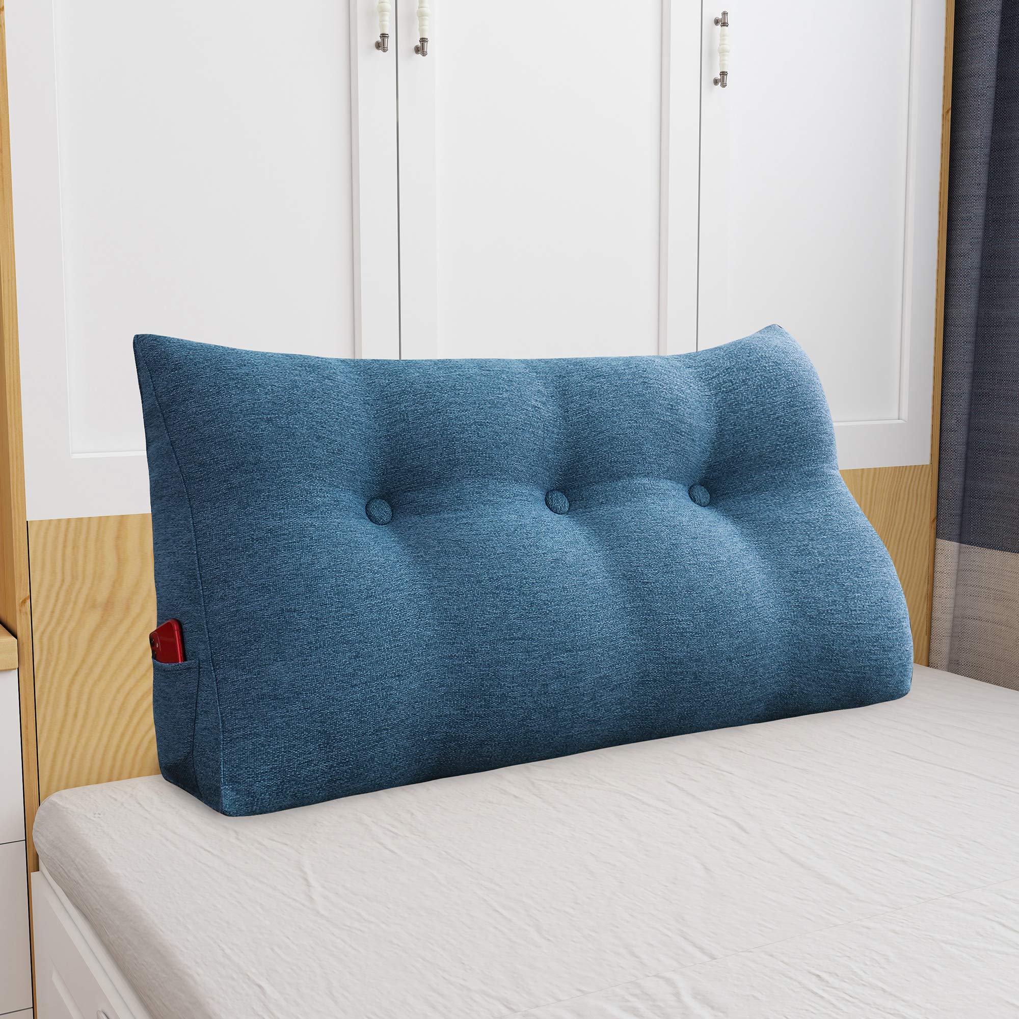 Triangular Headboard Wedge Pillow - 39 Inch Linen Blue Upholstered Bed Rest & Reading Pillow for Daybeds, Back Support & Lumbar Positioning - Perfect for Reading, Watching TV, and Relaxing in Bed