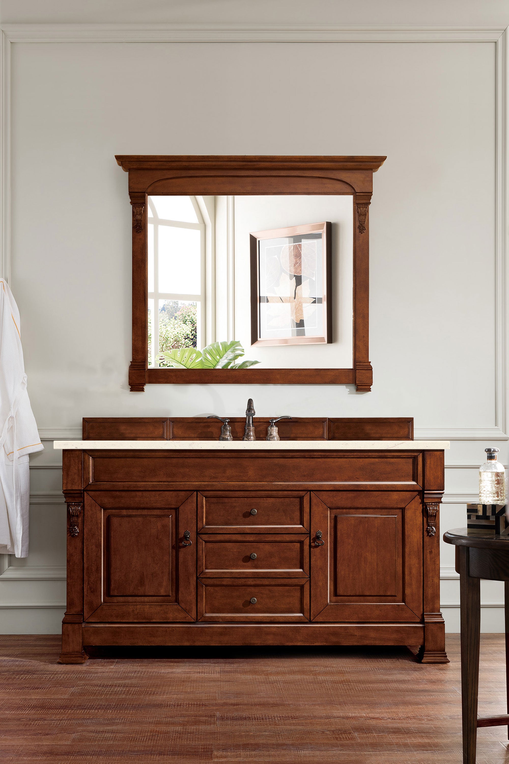 Brookfield 60 Inch Single Bathroom Vanity with Warm Cherry Finish & 3CM Eternal Marfil Quartz Countertop - Perfect for Modern Master Bathrooms and Guest Suites