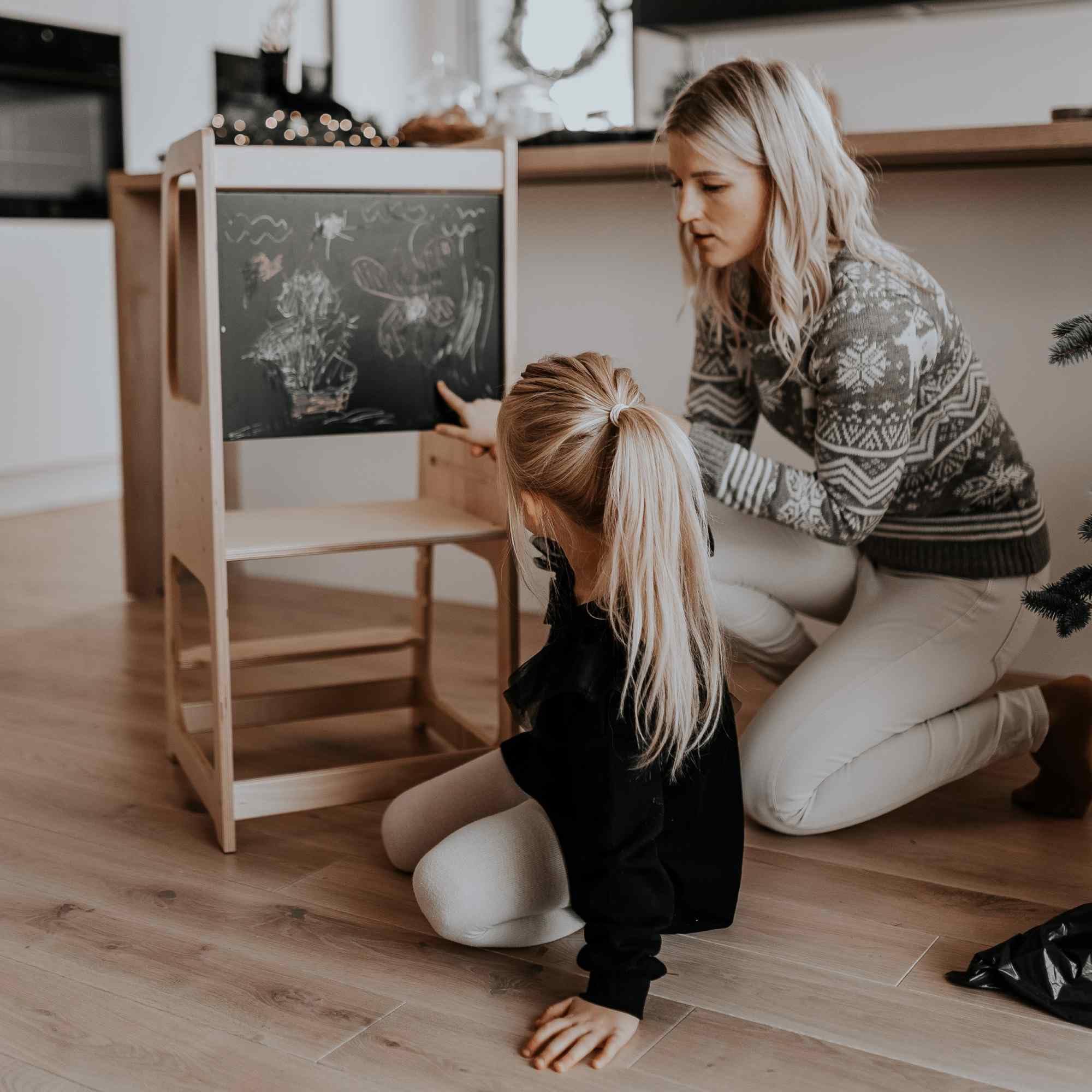 Adjustable Kitchen Tower with Blackboard - Safe Toddler Step Stool for Cooking & Learning | Montessori Convertible Kitchen Helper for Kids | Non-Slip Bathroom Step Stool for Home & School Use