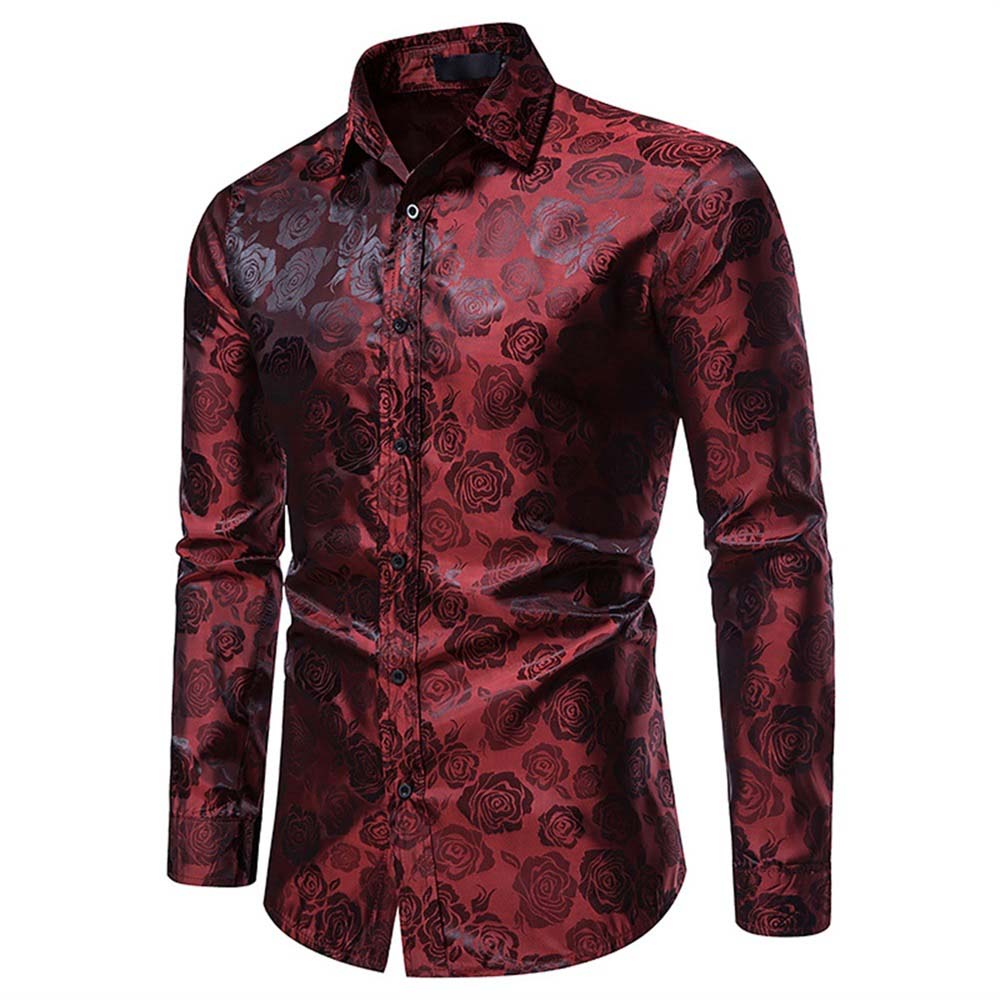 Men's Slim Fit Rose Printed Casual Shirt - Red Short Sleeve Button Up Shirt for Summer, Date Night & Outdoor Activities