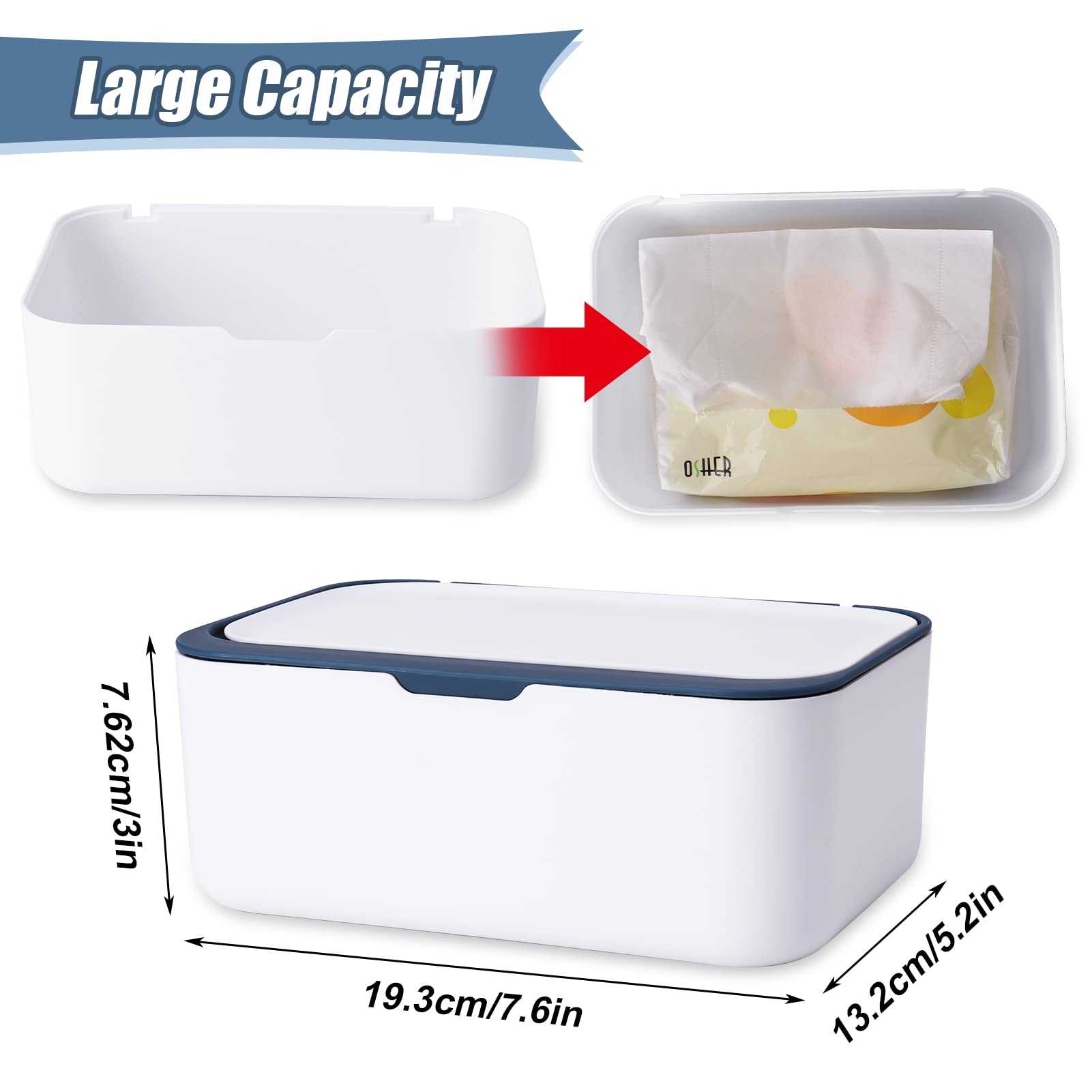 Caromoriber 2-Pack Dustproof Wipes Dispenser - Large Capacity Wet Tissue Box with Secure Lid for Baby Wipes & Tissues | Keeps Wipes Fresh for Home, Office, Nursery & Travel (Blue + Orange)