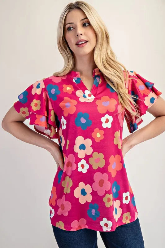 Celeste Bold Floral Ruffle Sleeve Blouse - Elegant Women's Fashion Top for Date Night & Special Occasions