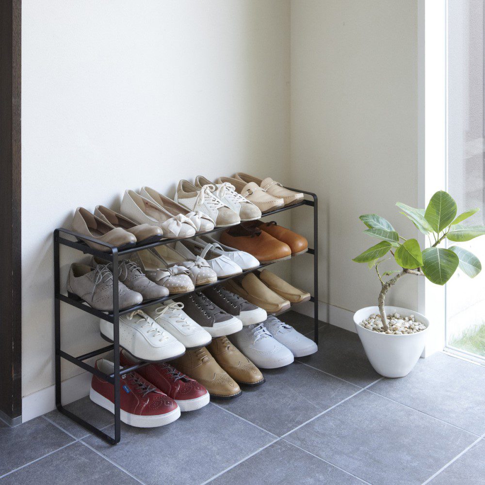 YAMAZAKI Expandable 3-Tier Shoe Rack for Entryway, Black - Space Saving Shoe Organizer for Closet, Hallway & Small Apartments